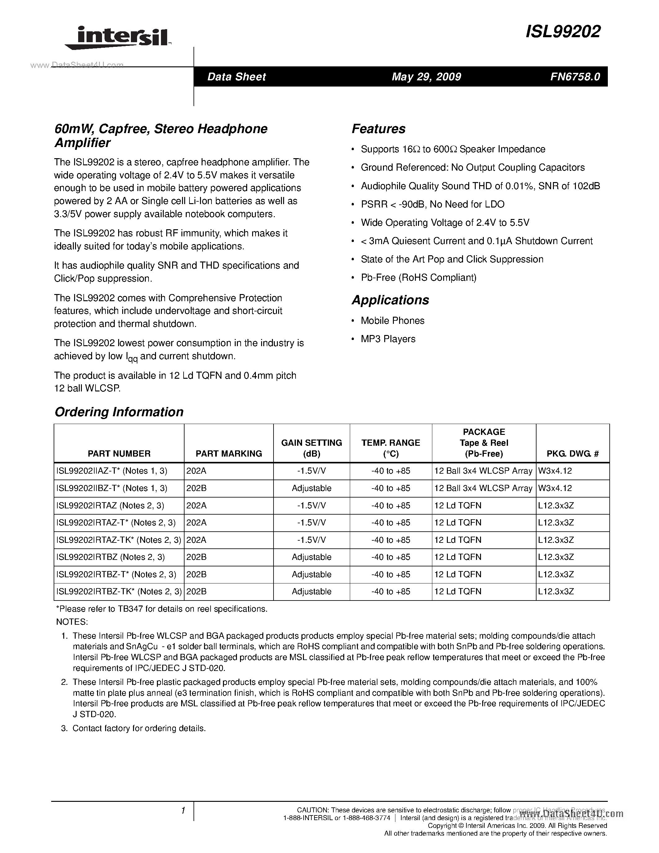 Datasheet ISL99202 - Stereo Headphone Amplifier page 1