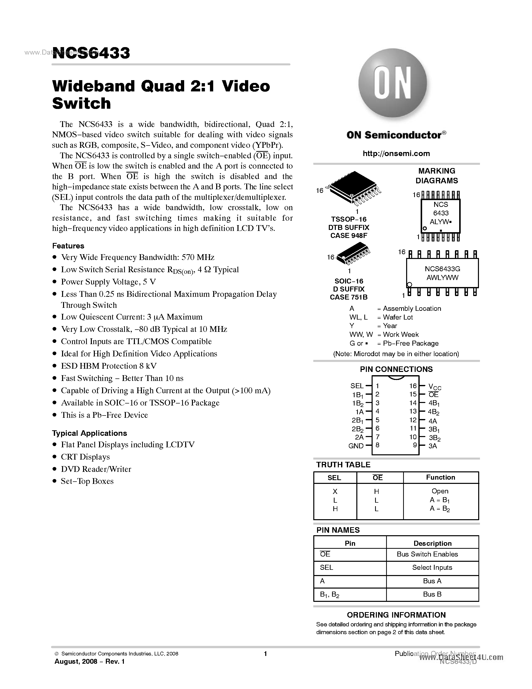 Даташит NCS6433 - Wideband Quad 2:1 Video Switch страница 1