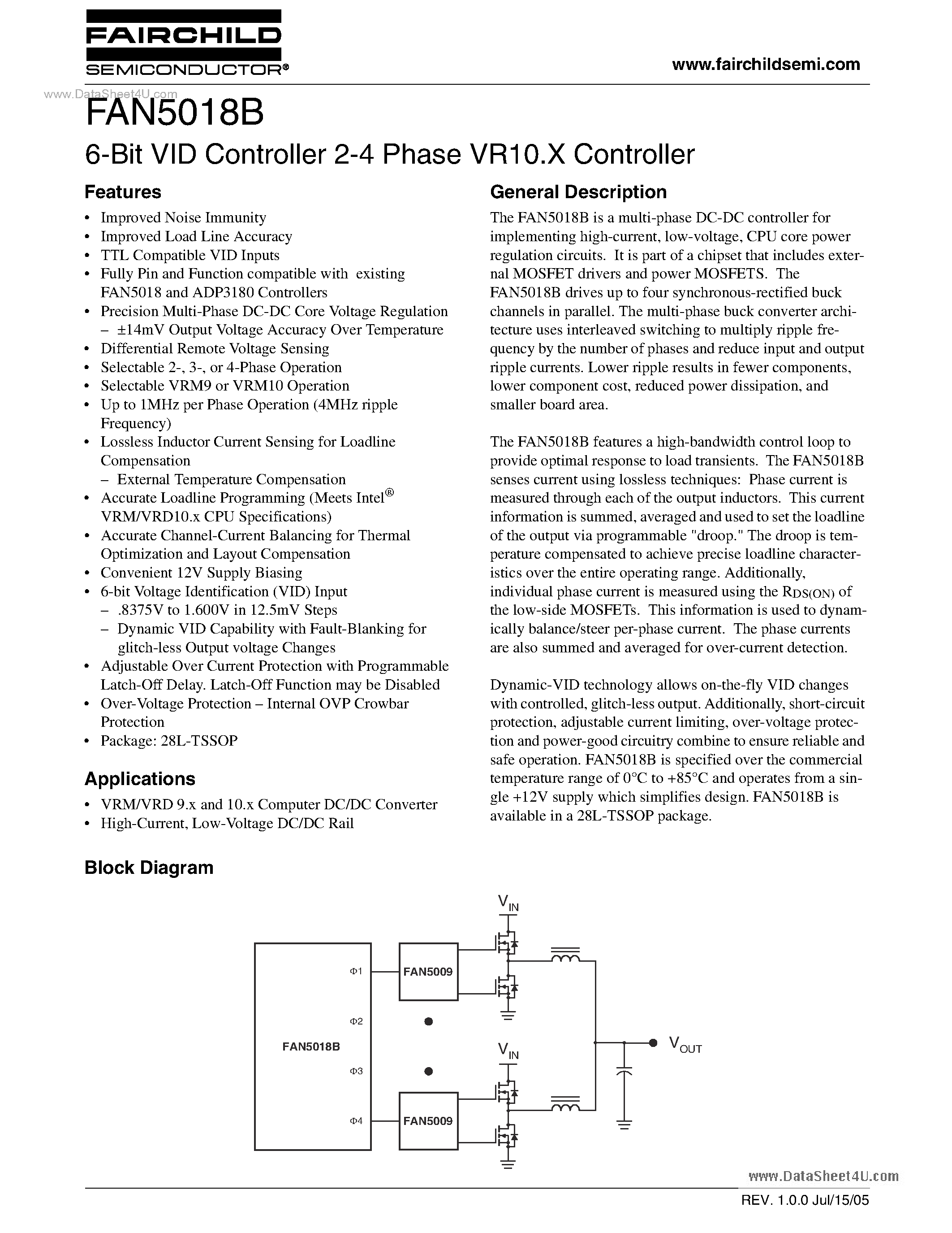 Даташит FAN5018B - 6-Bit VID Controller 2-4 Phase VR10.X Controller страница 1