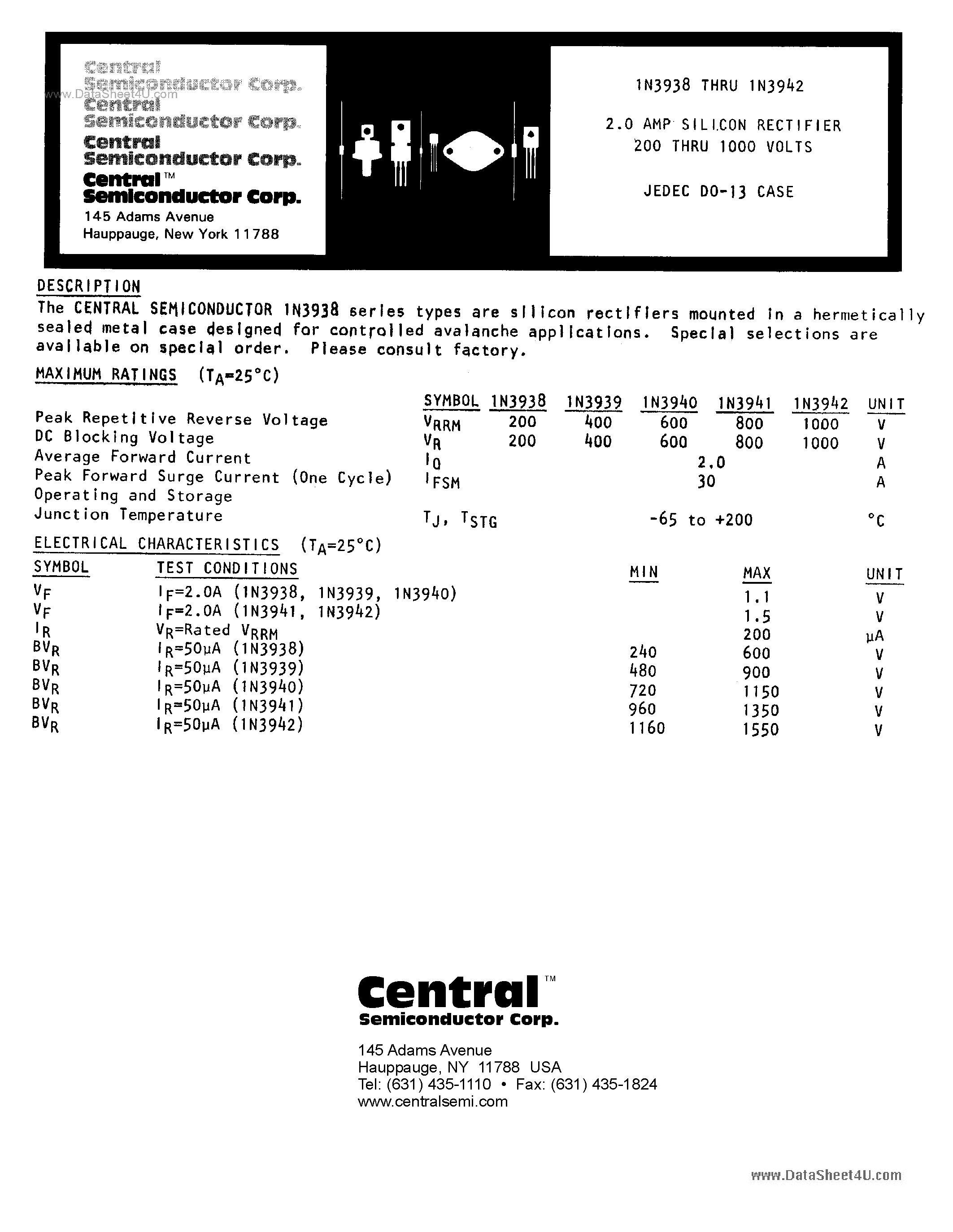 Datasheet 1N3938 - (1N3938 - 1N3942) 2A Silicon Rectifier page 1