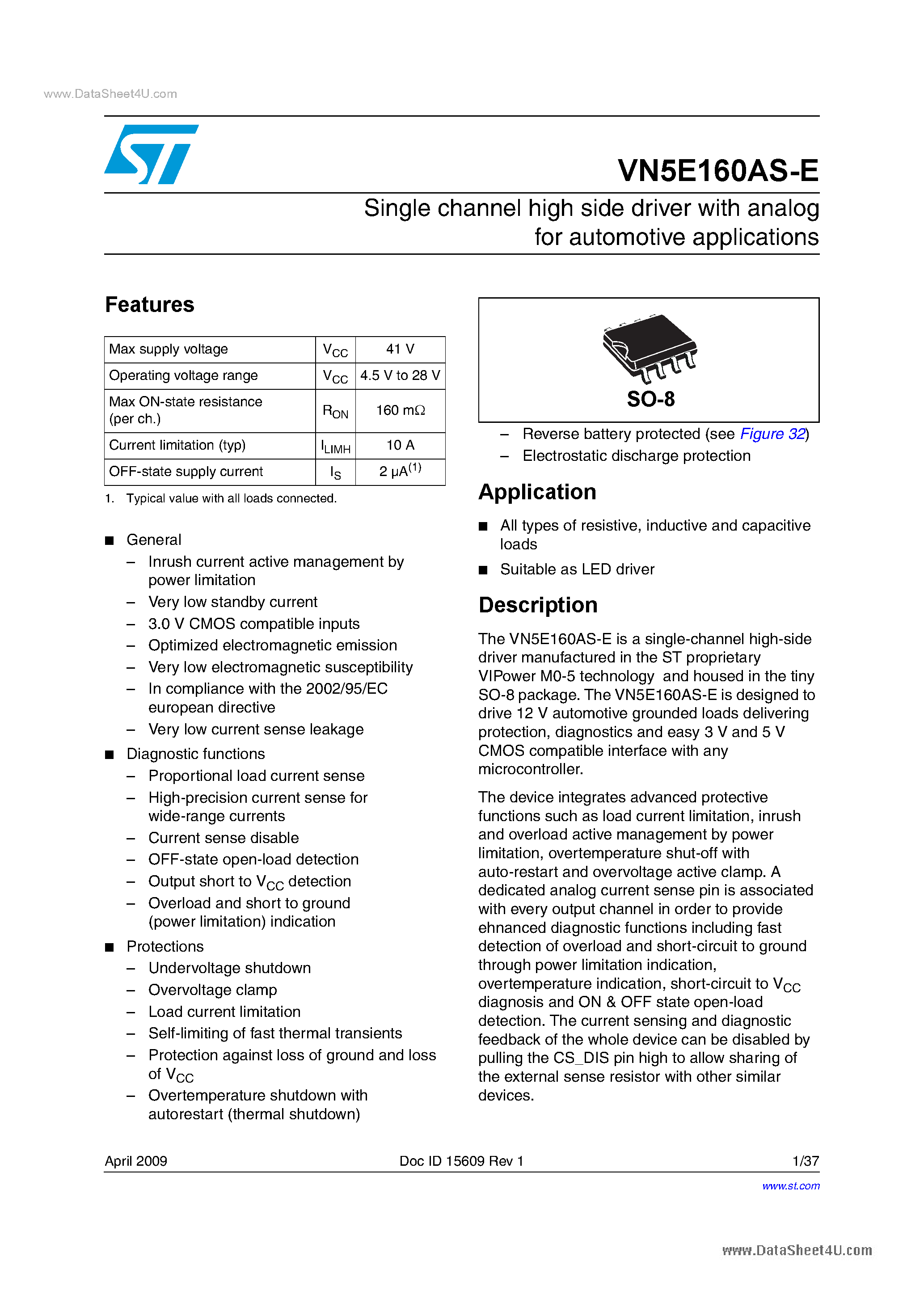 Datasheet VN5E160AS-E - High Side Switches page 1