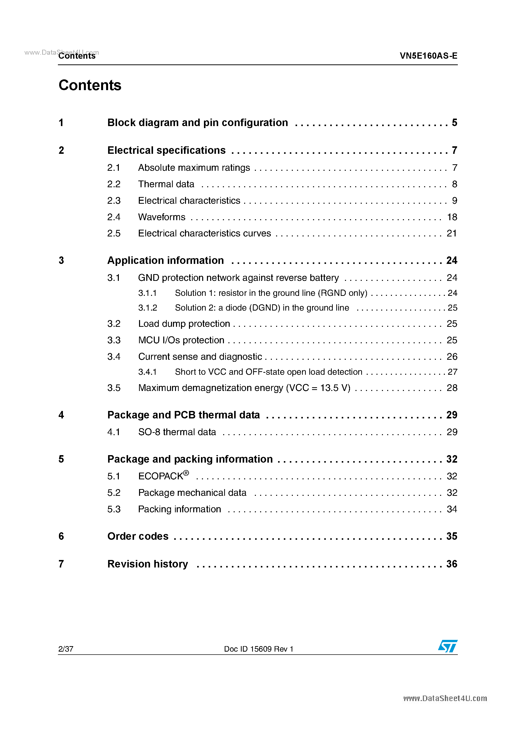 Datasheet VN5E160AS-E - High Side Switches page 2