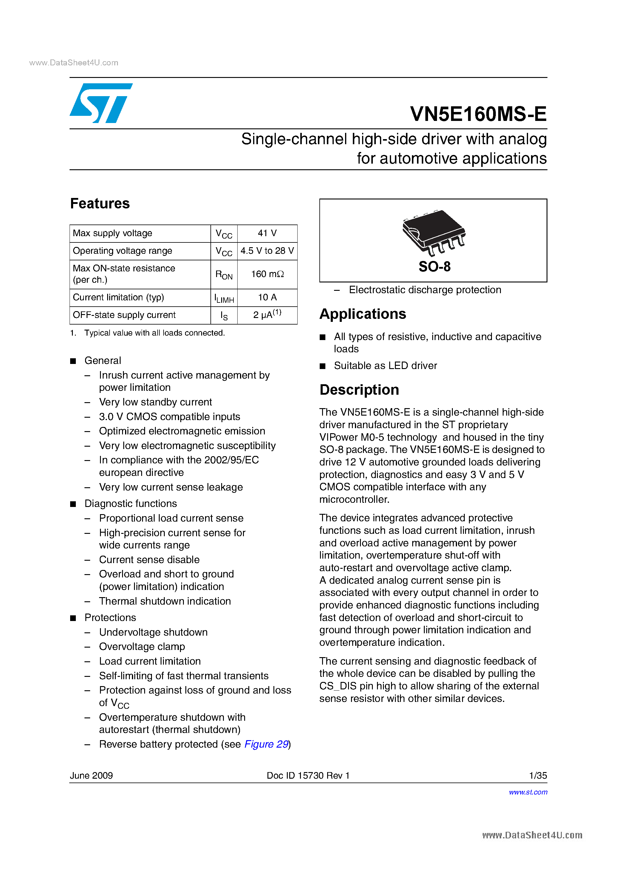 Datasheet VN5E160MS-E - High Side Switches page 1