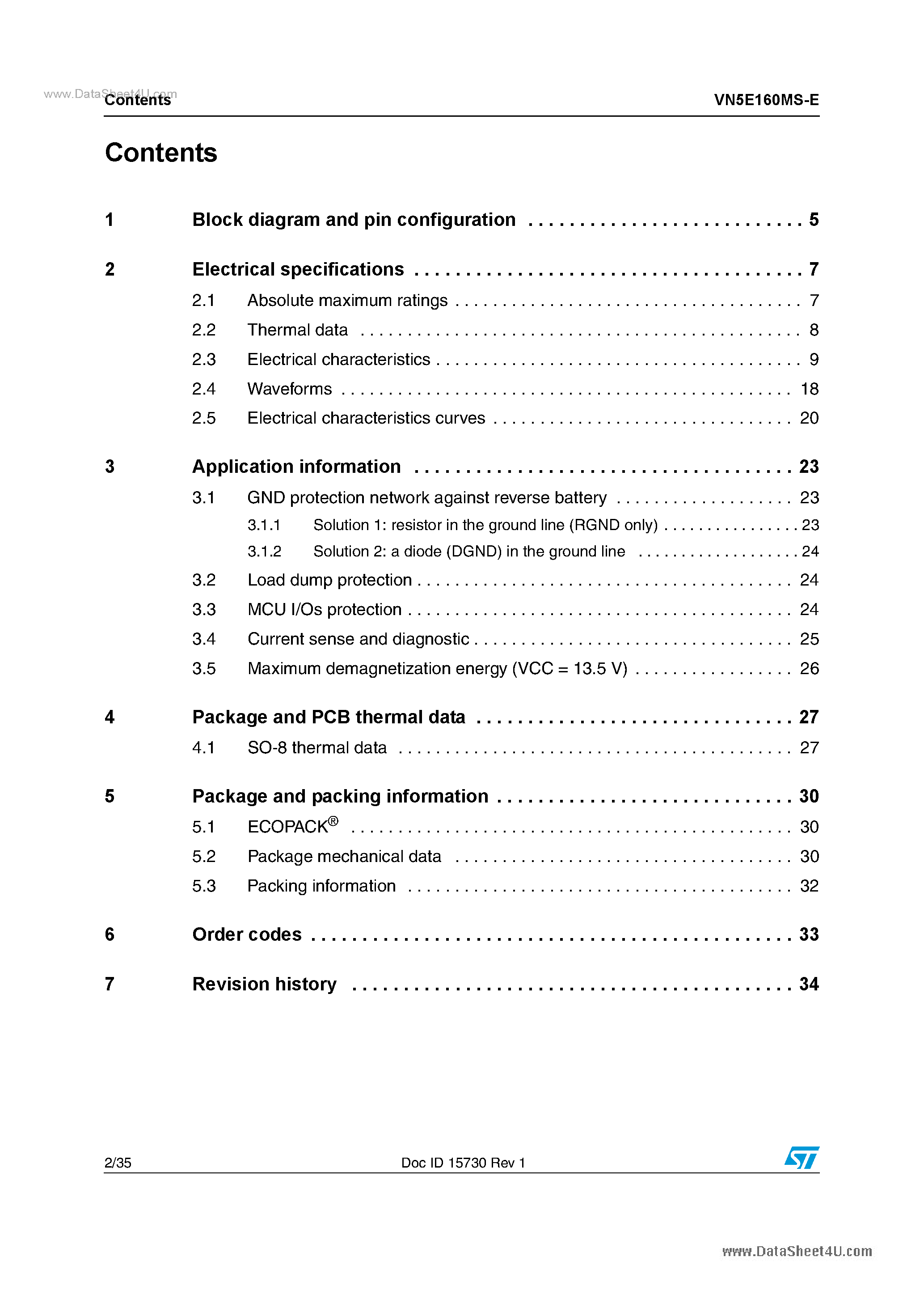 Datasheet VN5E160MS-E - High Side Switches page 2