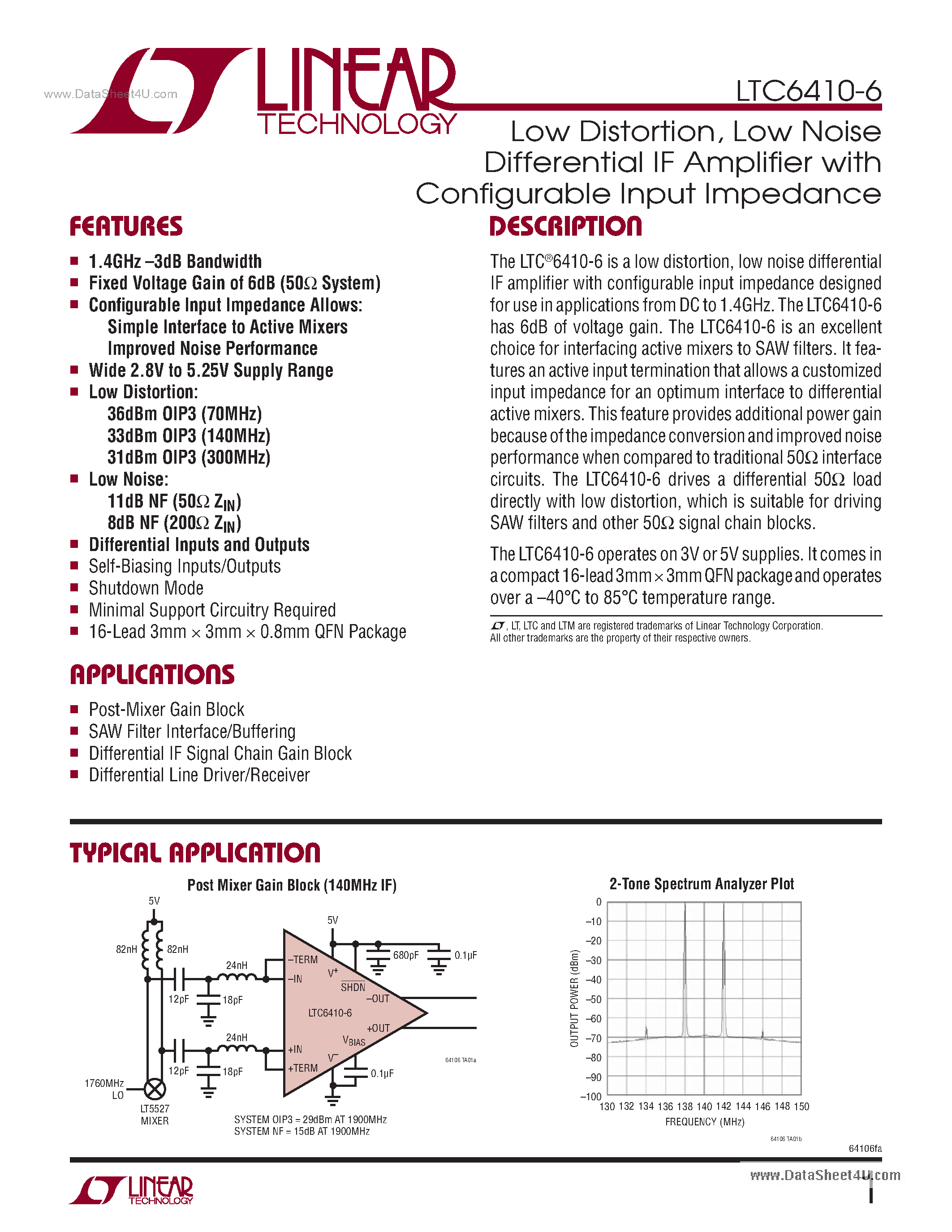 Даташит LTC6410-6 - Low Noise Differential IF Amplifier страница 1