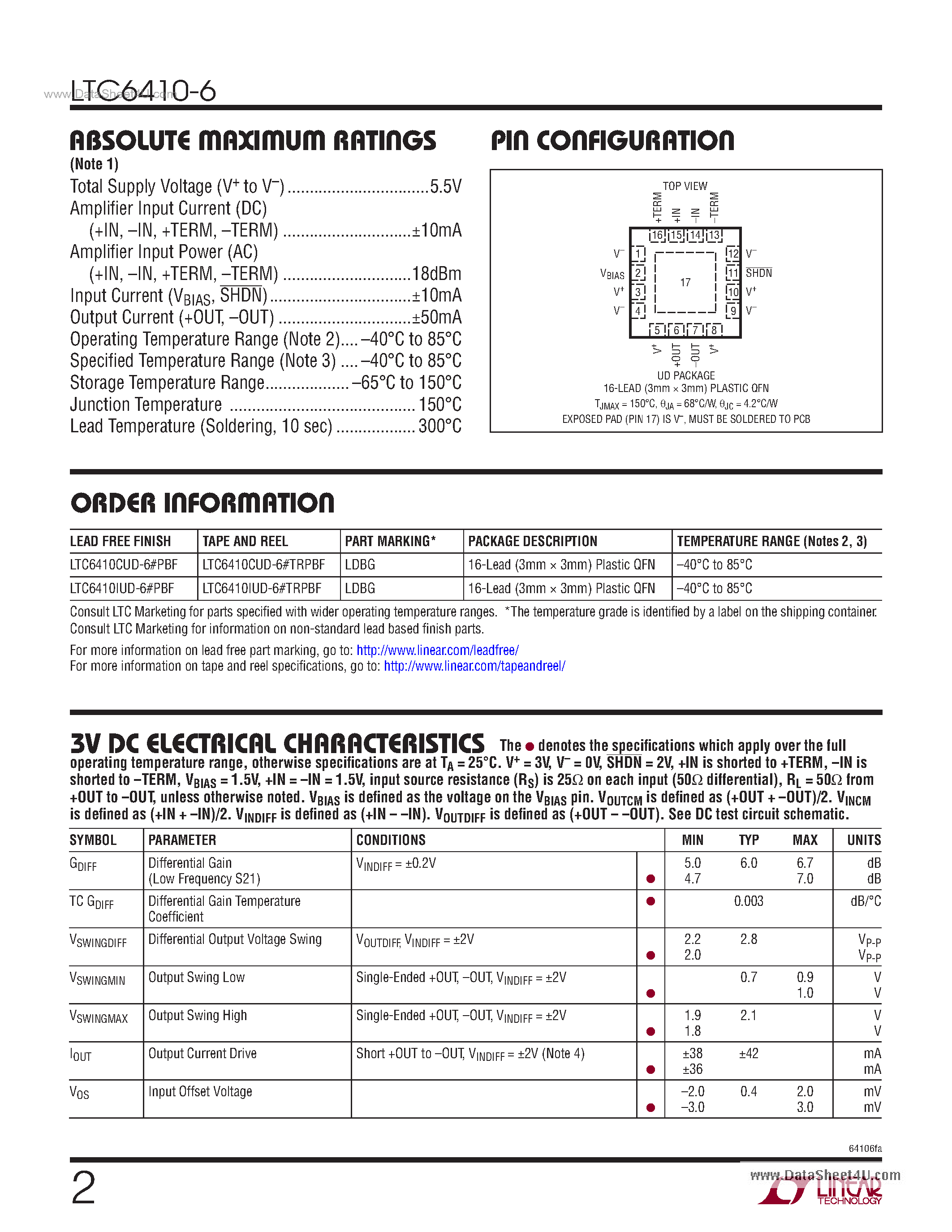 Даташит LTC6410-6 - Low Noise Differential IF Amplifier страница 2