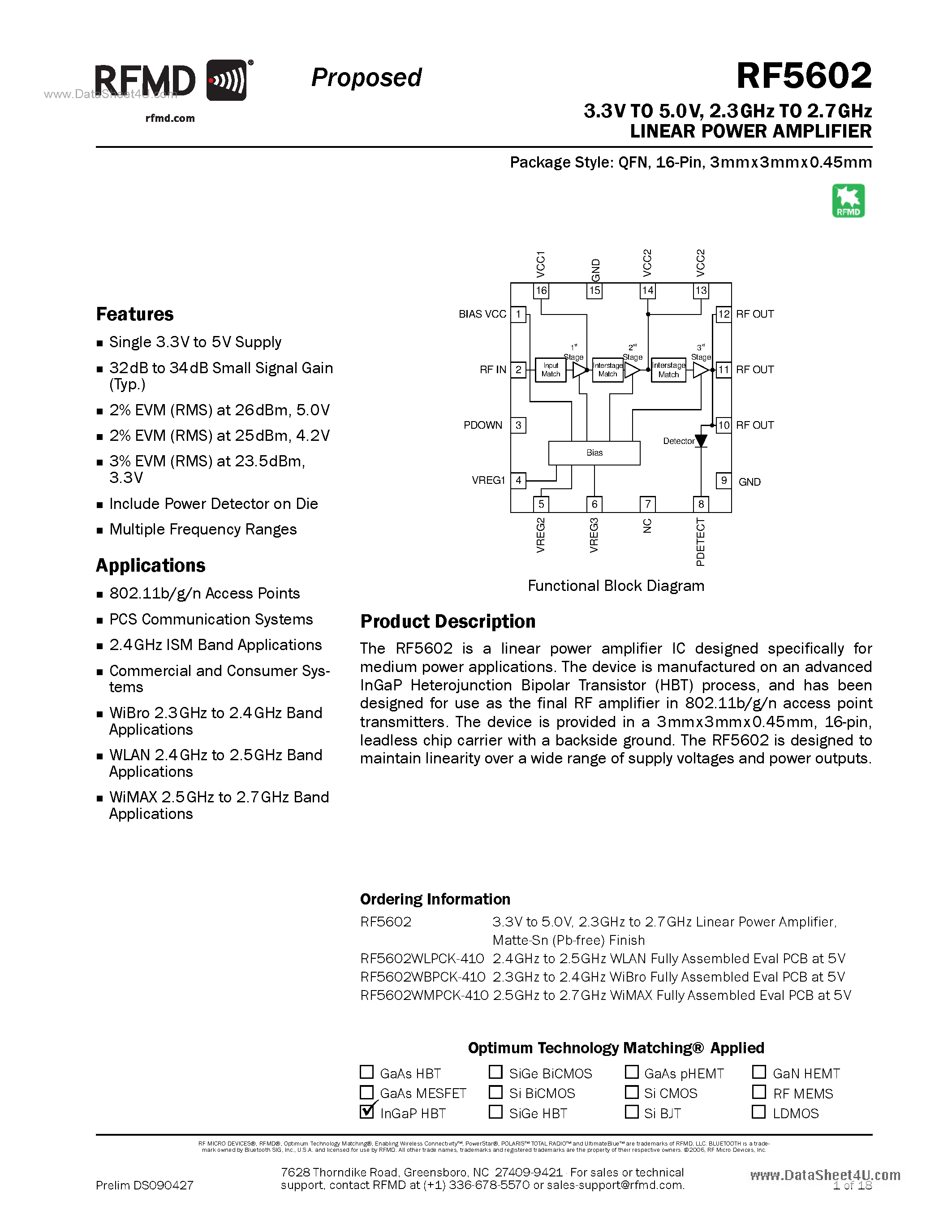 Даташит RF5602 - 3GHz To 2.7GHz Linear Power Amplifier страница 1