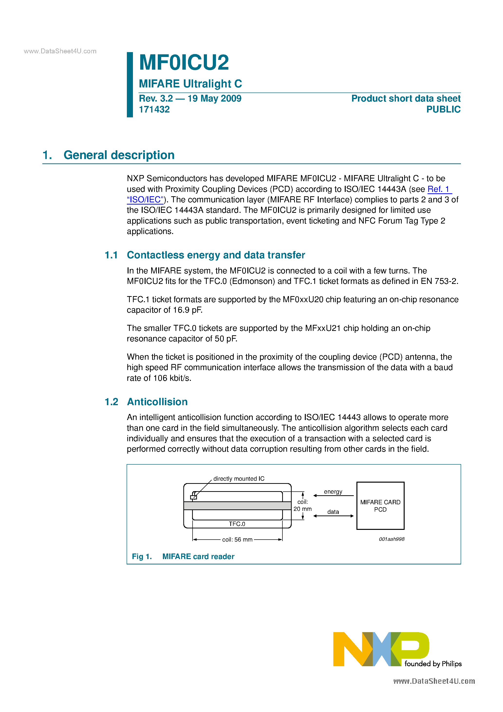 Datasheet MF0ICU2 - MIFARE Ultralight C page 1