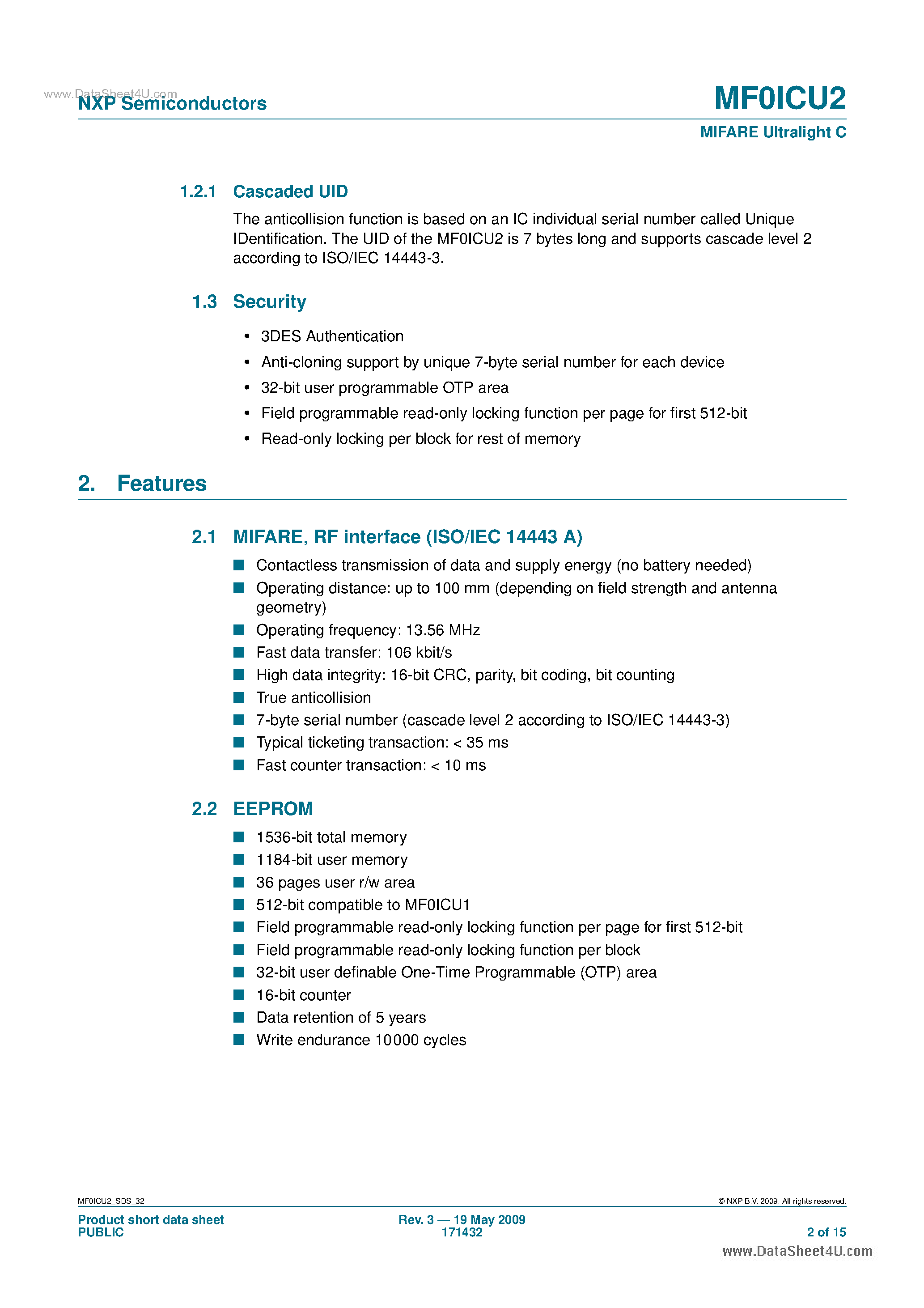 Datasheet MF0ICU2 - MIFARE Ultralight C page 2