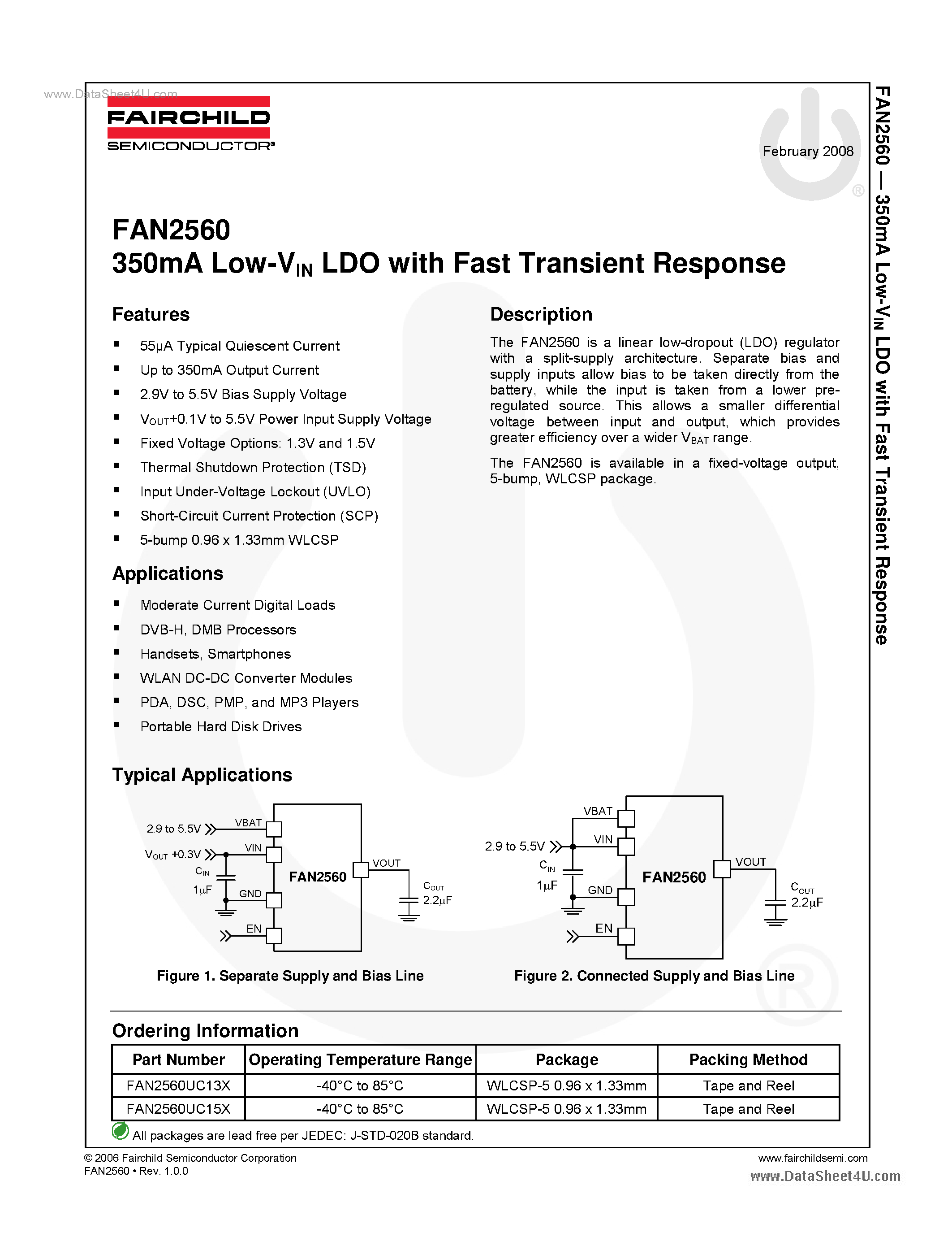 Даташит FAN2560 - 350mA Low-VIN LDO страница 1