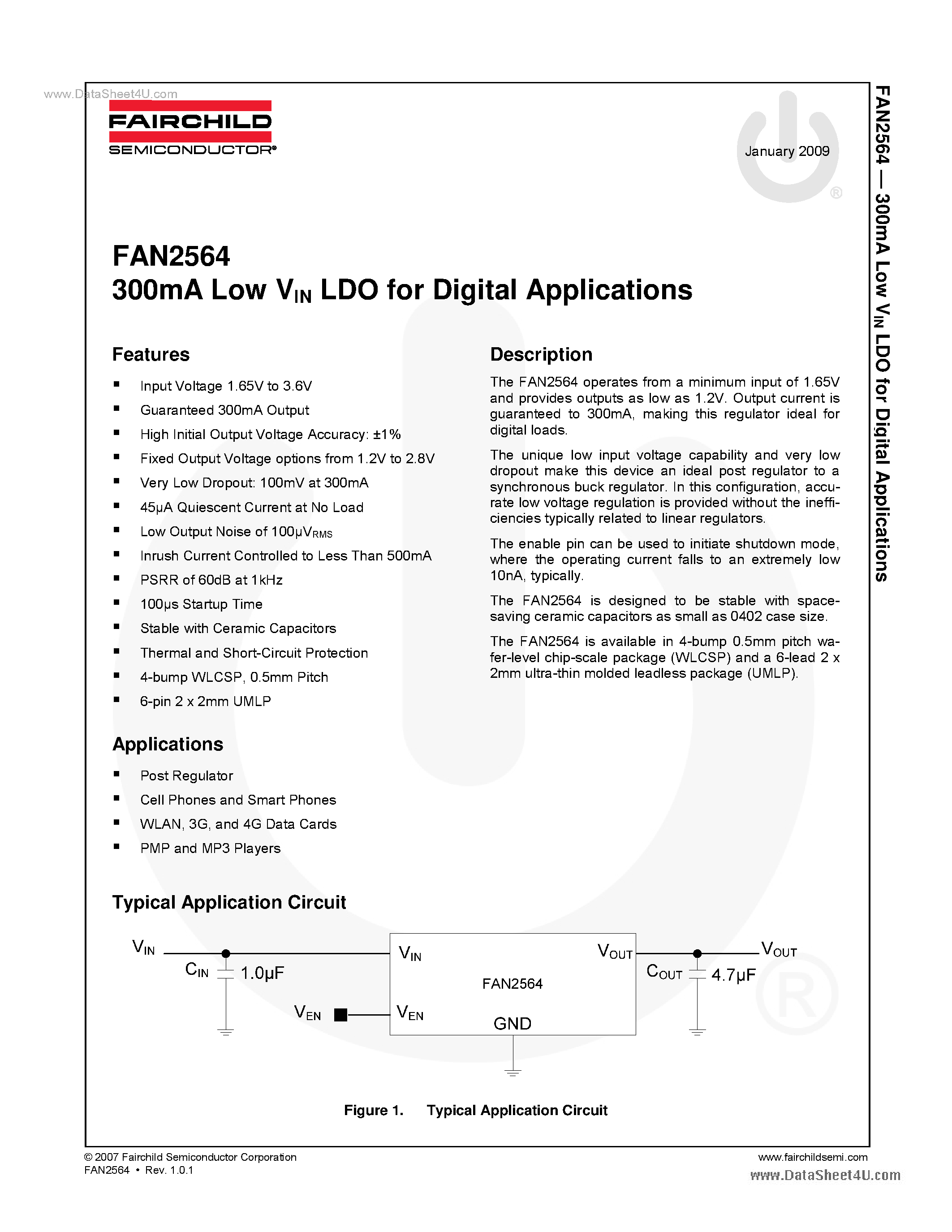 Даташит FAN2564 - 300mA Low VIN LDO страница 1