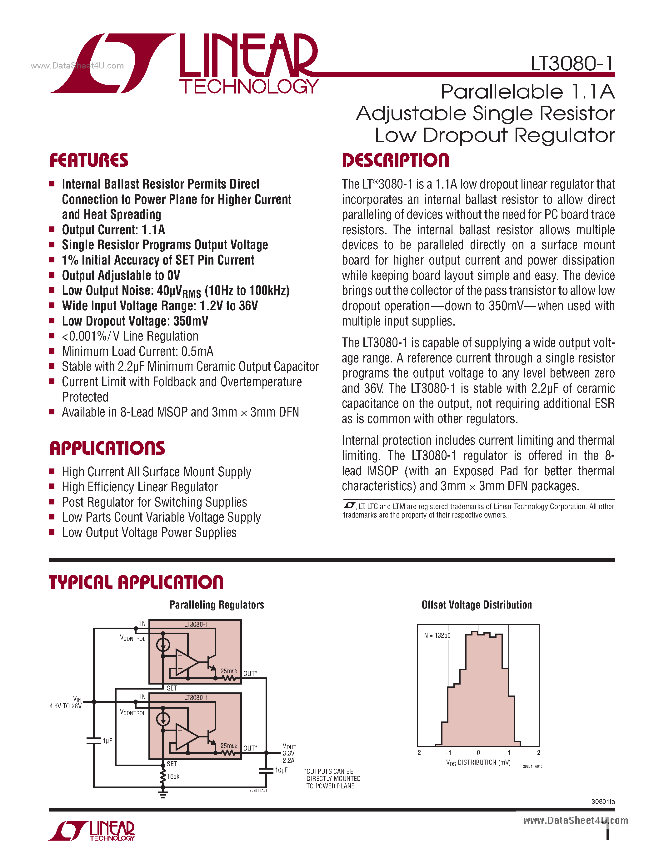 Даташит LT3080-1 - Parallelable 1.1A Adjustable Single Resistor Low Dropout Regulator страница 1