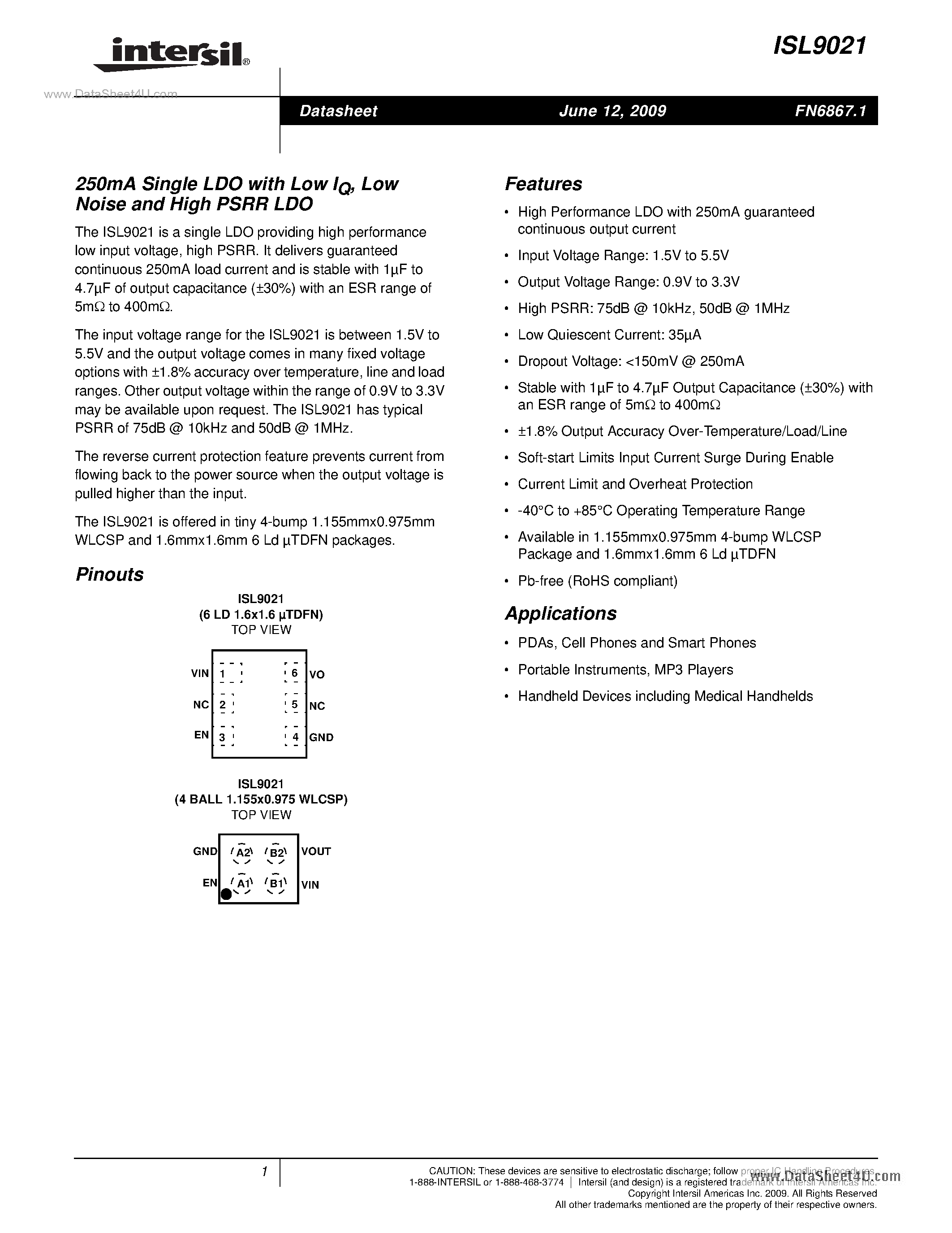 Datasheet ISL9021 - Single LDO page 1