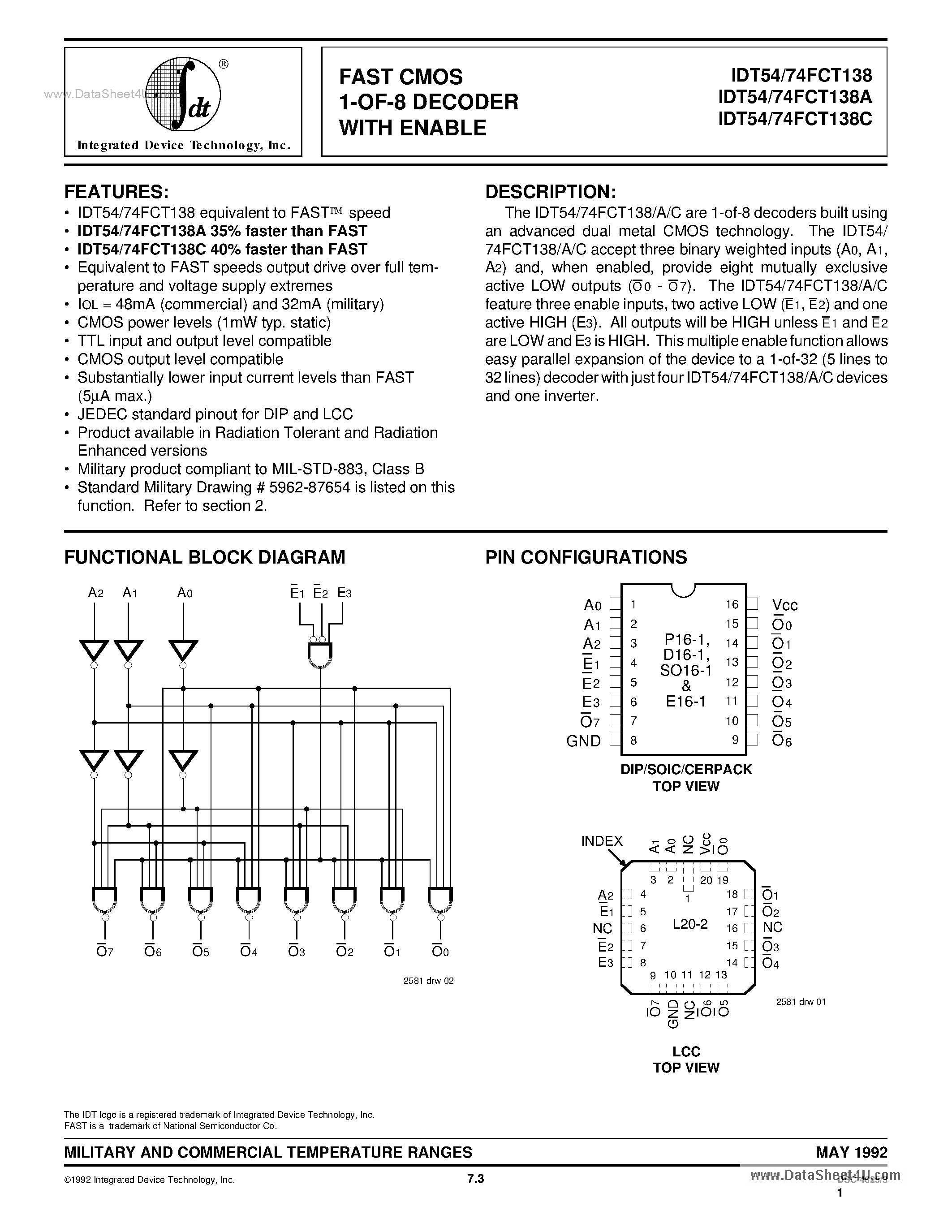 Datasheet 74FCT138 - Search -----> IDT74FCT138 page 1