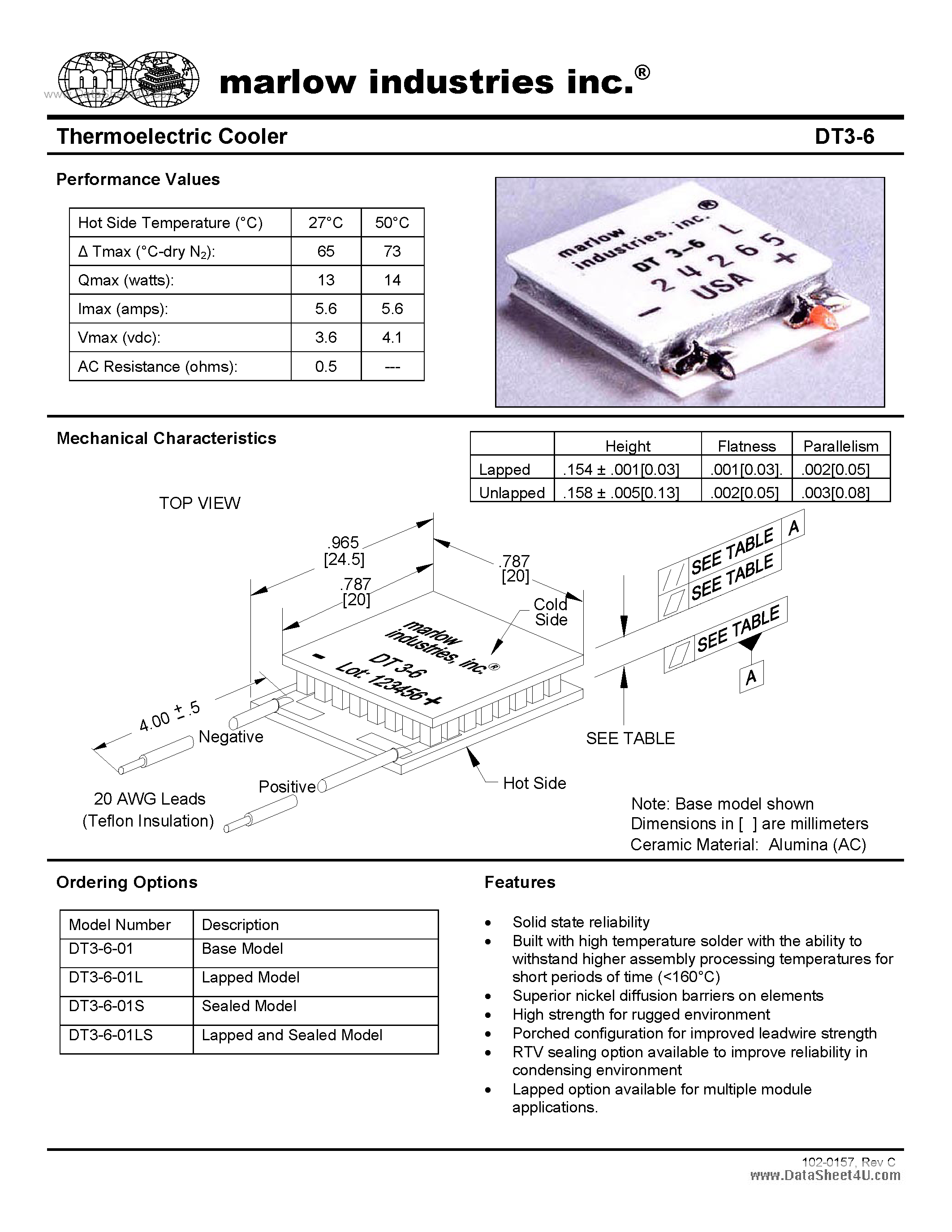 Даташит DT3-6 - Thermoelectric Cooler страница 1