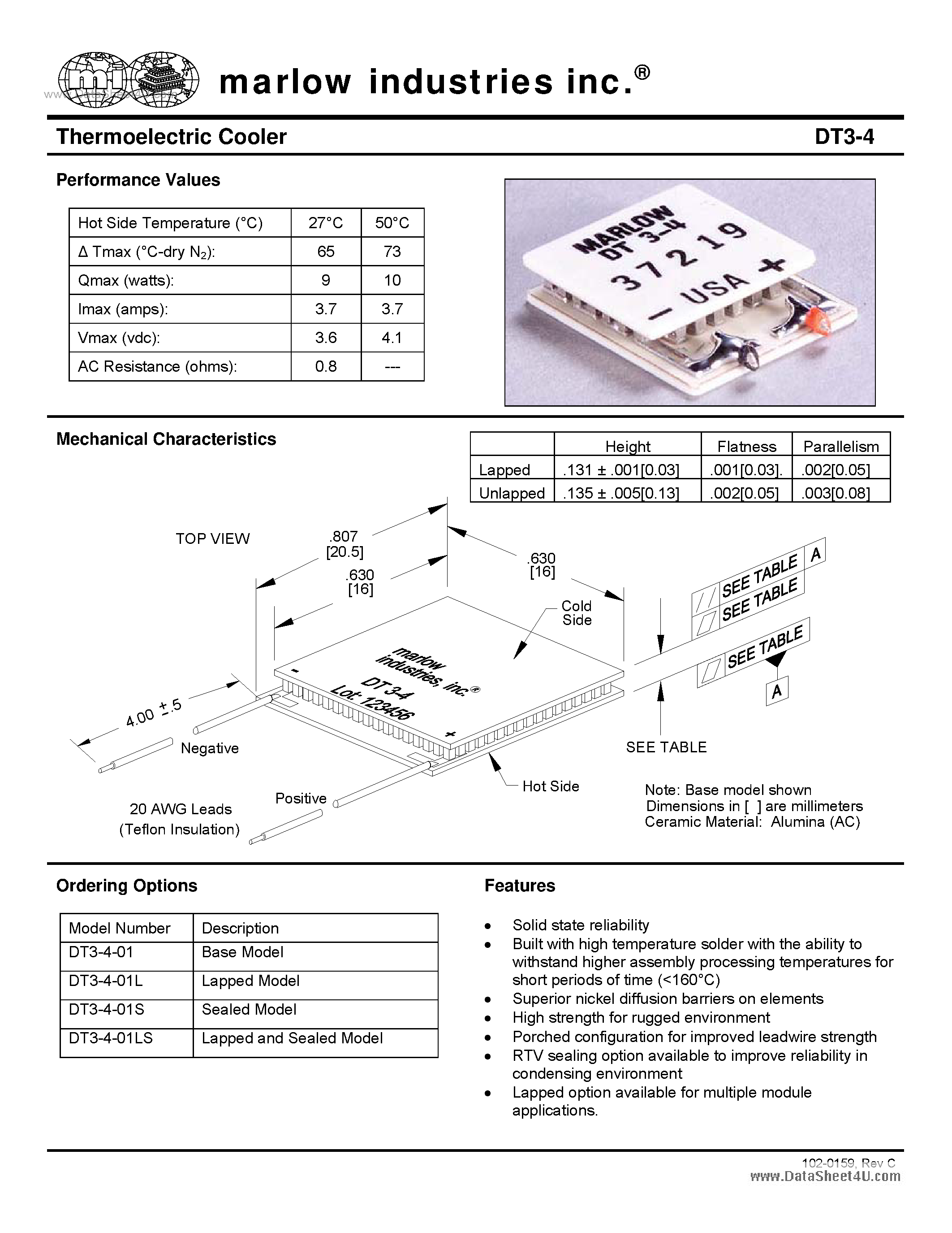 Даташит DT3-4 - Thermoelectric Cooler страница 1