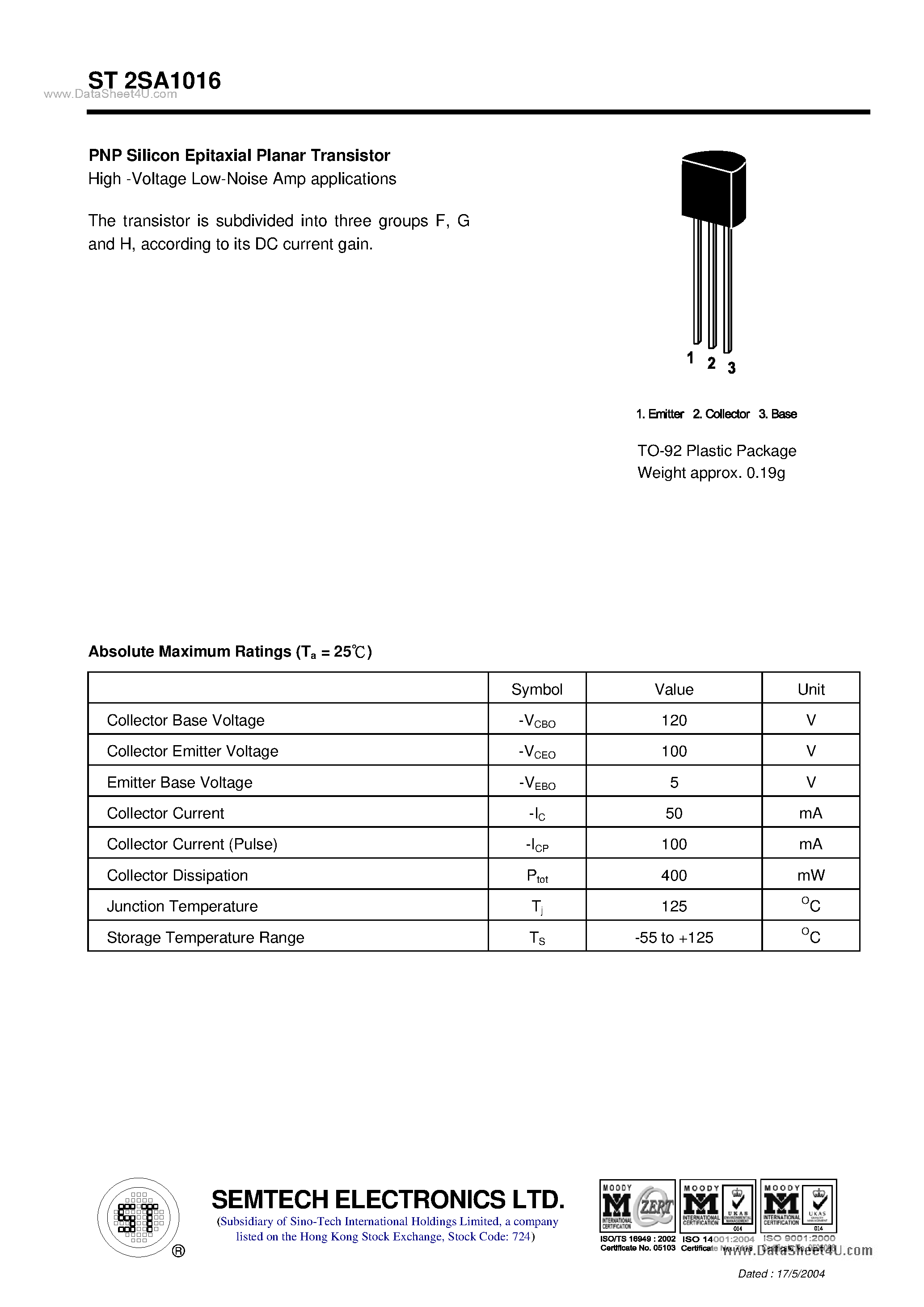 Даташит ST2SA1016 - PNP Silicon Epitaxial Planar Transistor страница 1