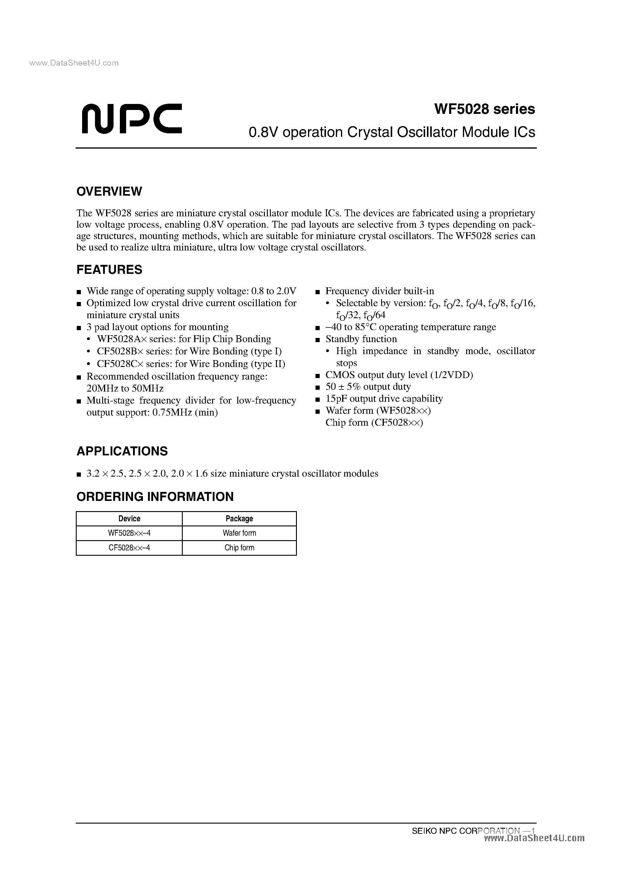 Даташит WF5028 - 0.8V Operation Crystal Oscillator Module ICs страница 1