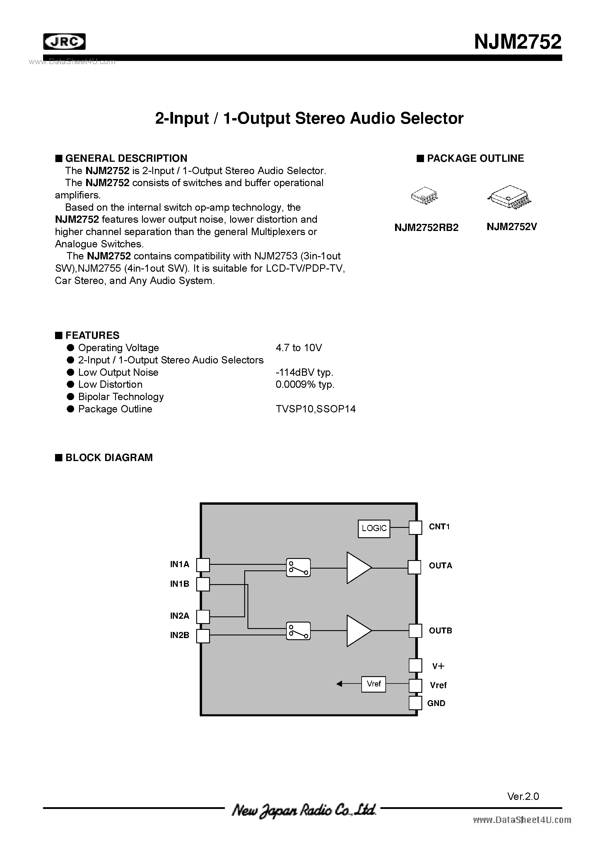 Даташит NJM2752 - 2-Input / 1-Output Stereo Audio Selector страница 1