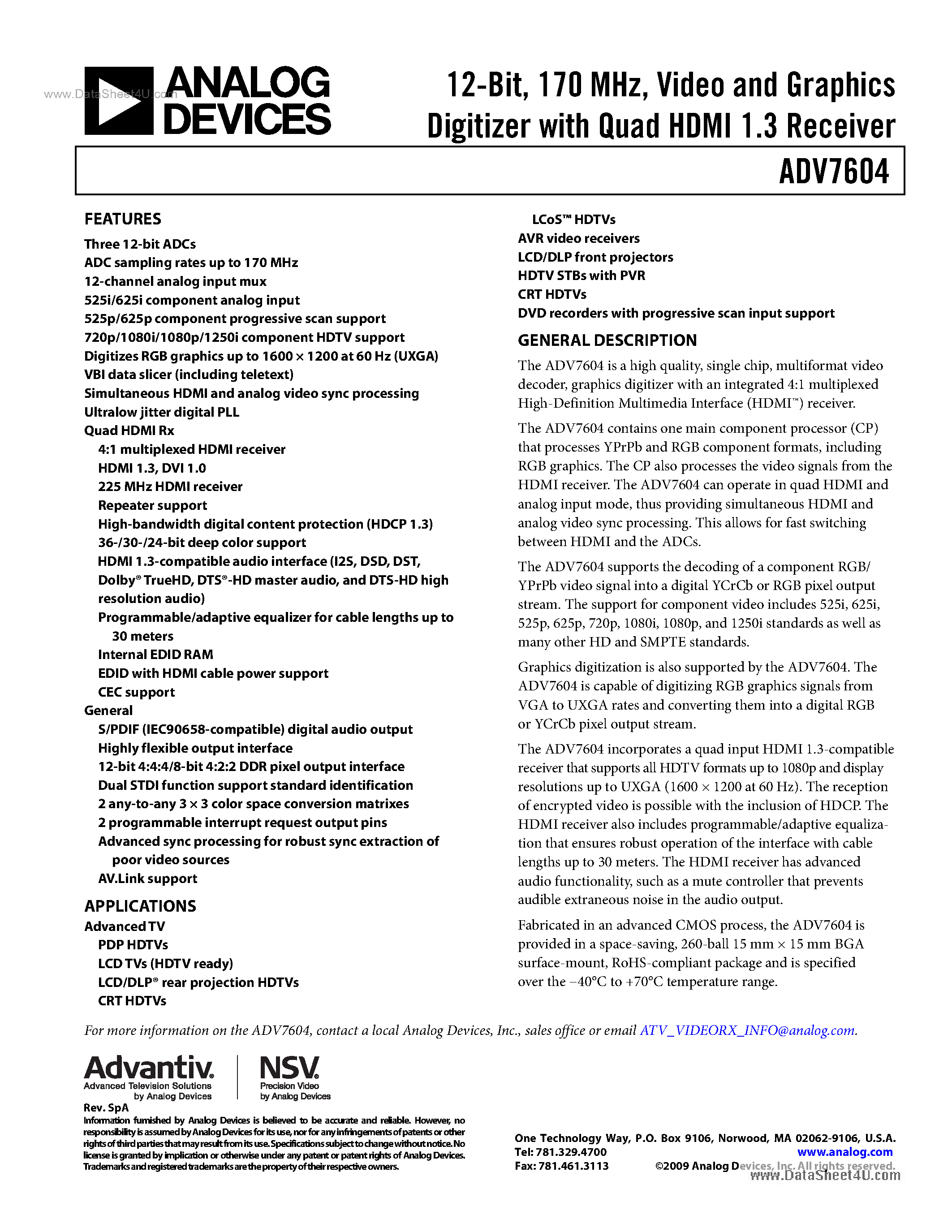 Даташит на микросхему ADV7604 страница 1 Даташит ADV7604 - Deep Color HDMI V1.3 Receiver страница 1