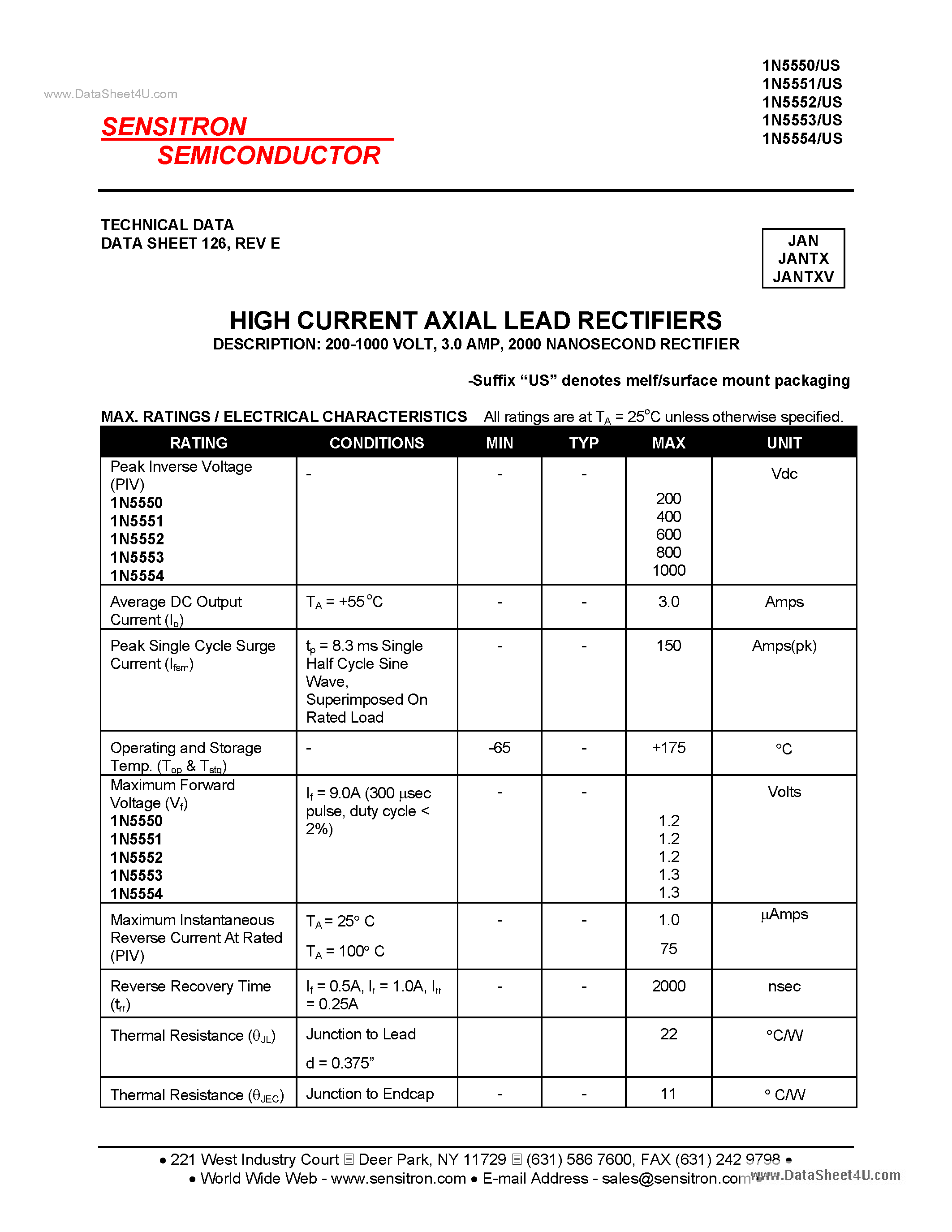 Datasheet 1N5550 - (1N5550 - 1N5554) HIGH CURRENT AXIAL LEAD RECTIFIERS page 1