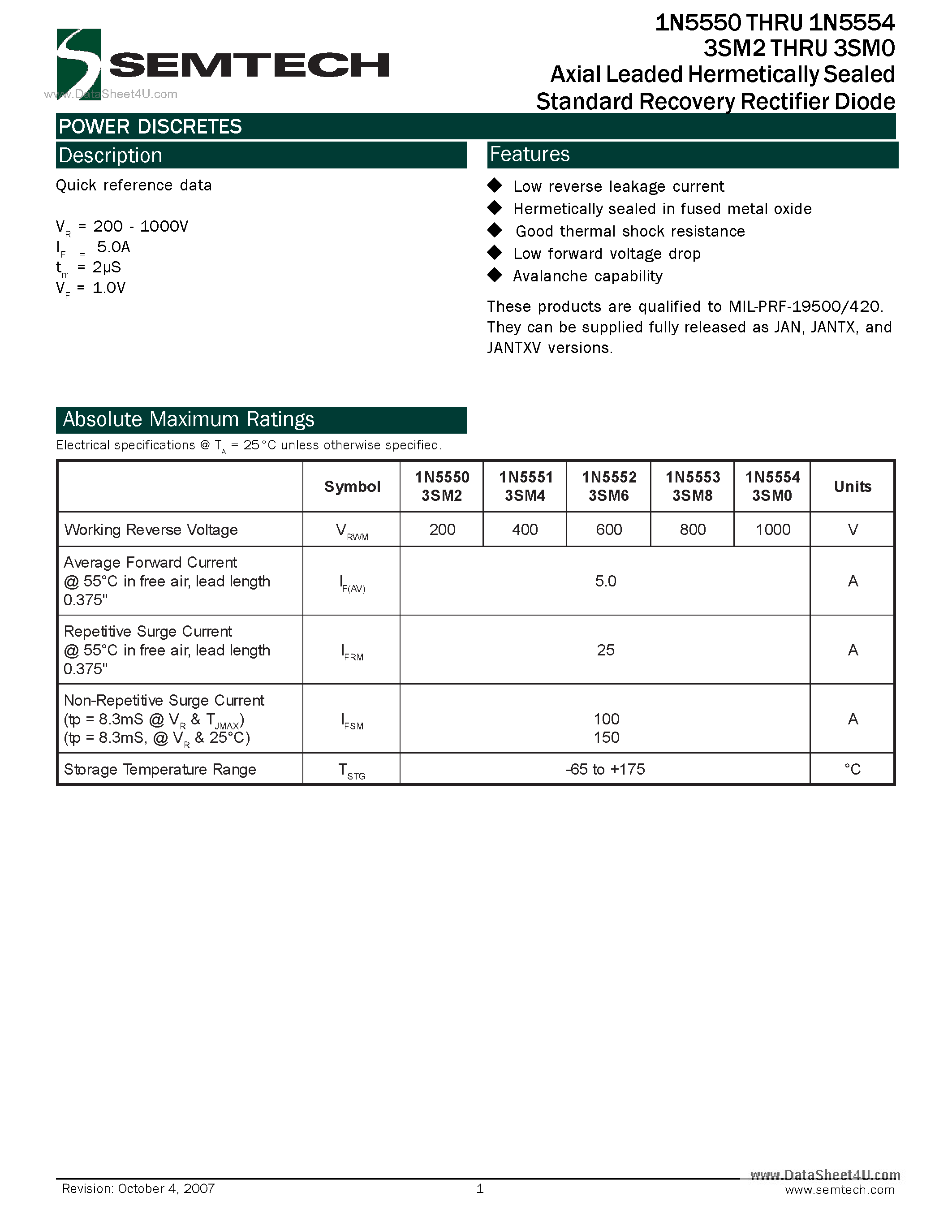 Datasheet 1N5550 - (1N5550 - 1N5554) Axial Leaded Hermetically Sealed Standard Recovery Rectifier Diode page 1