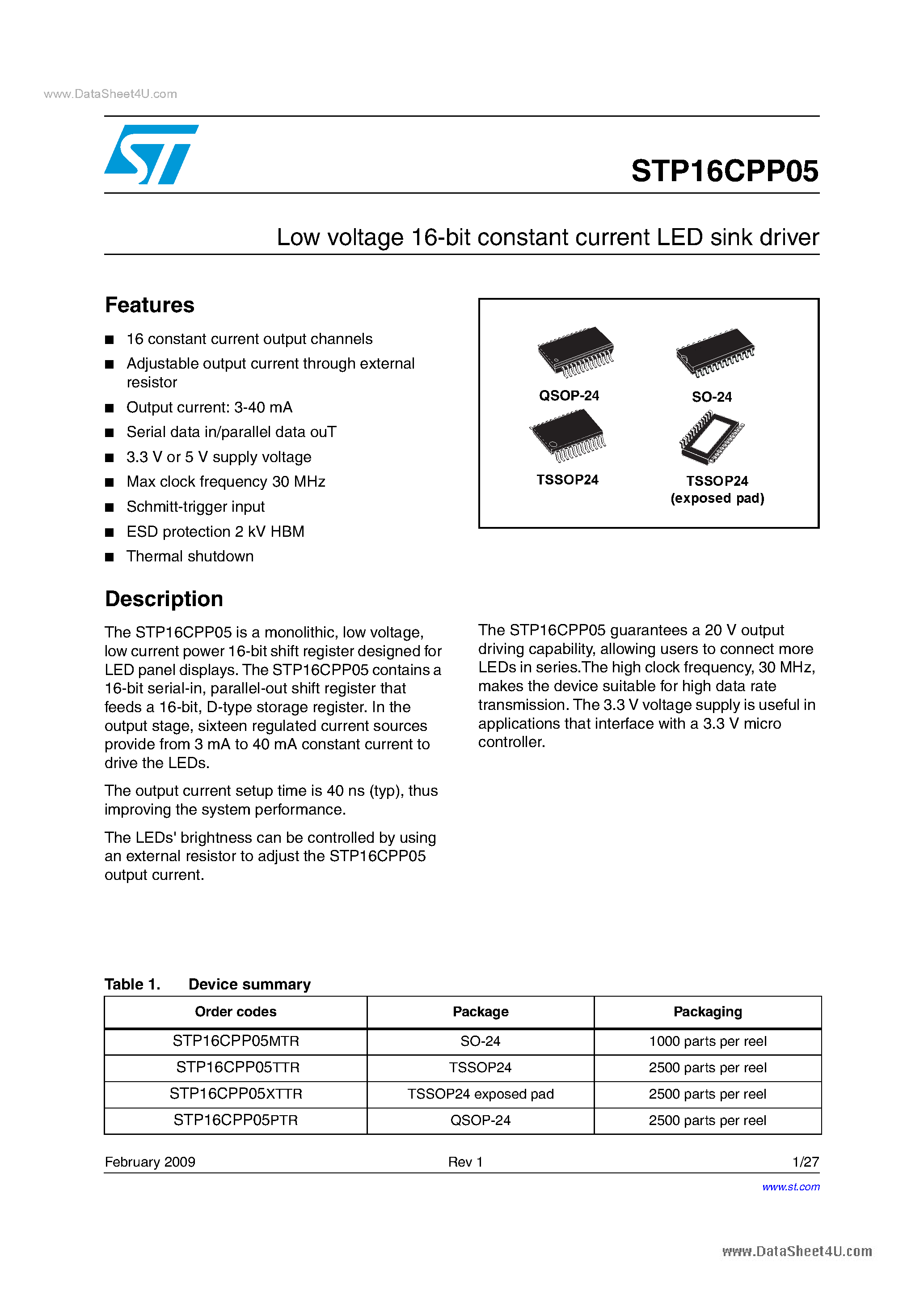 Datasheet STP16CPP05 - Low voltage 16-bit constant current LED sink driver page 1