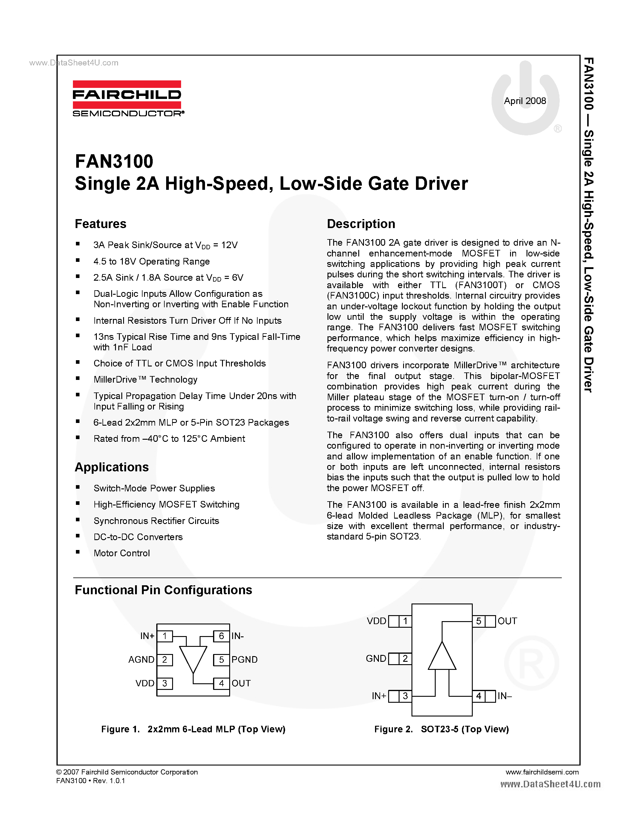 Даташит FAN3100 - Low-Side Gate Driver страница 1