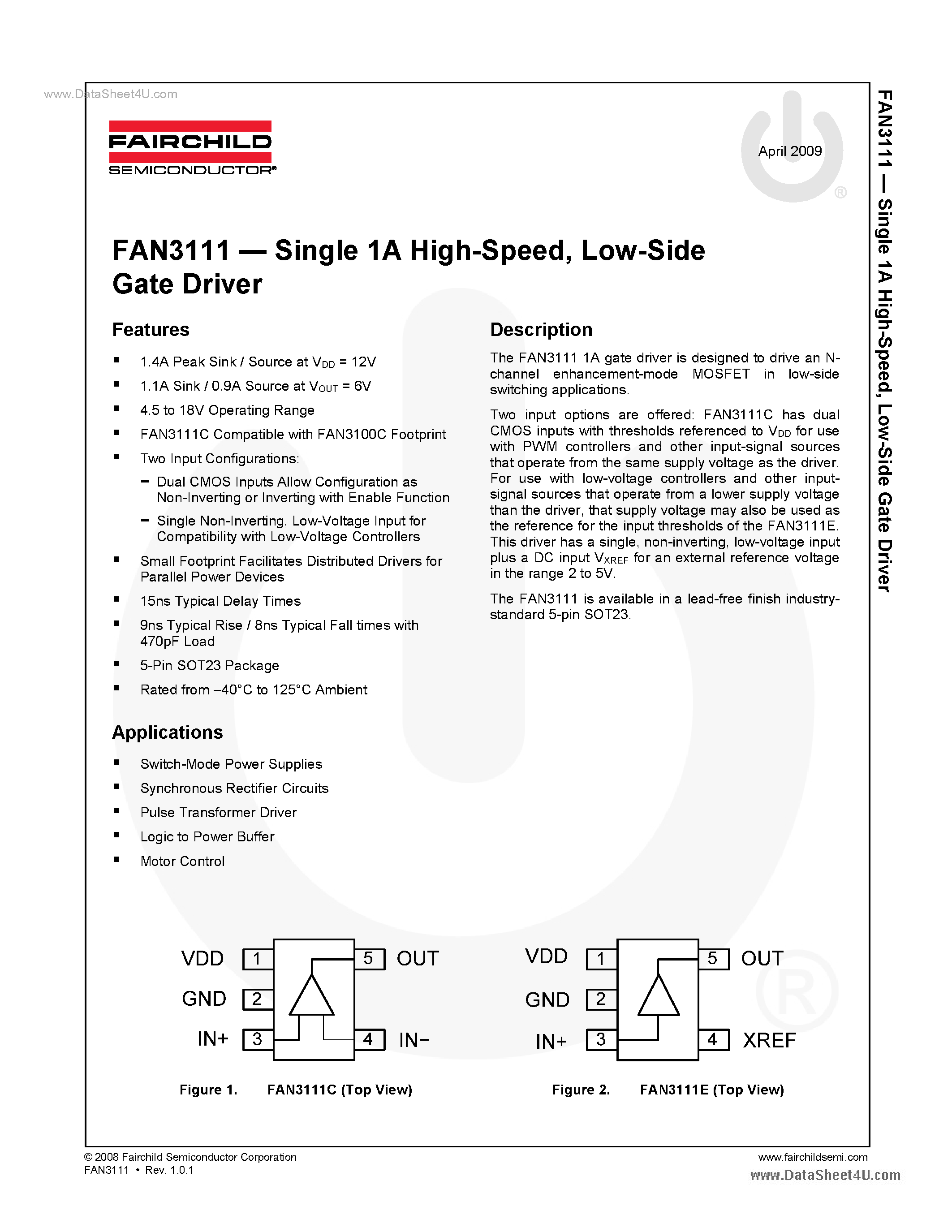 Даташит FAN3111 - Low-Side Gate Driver страница 1