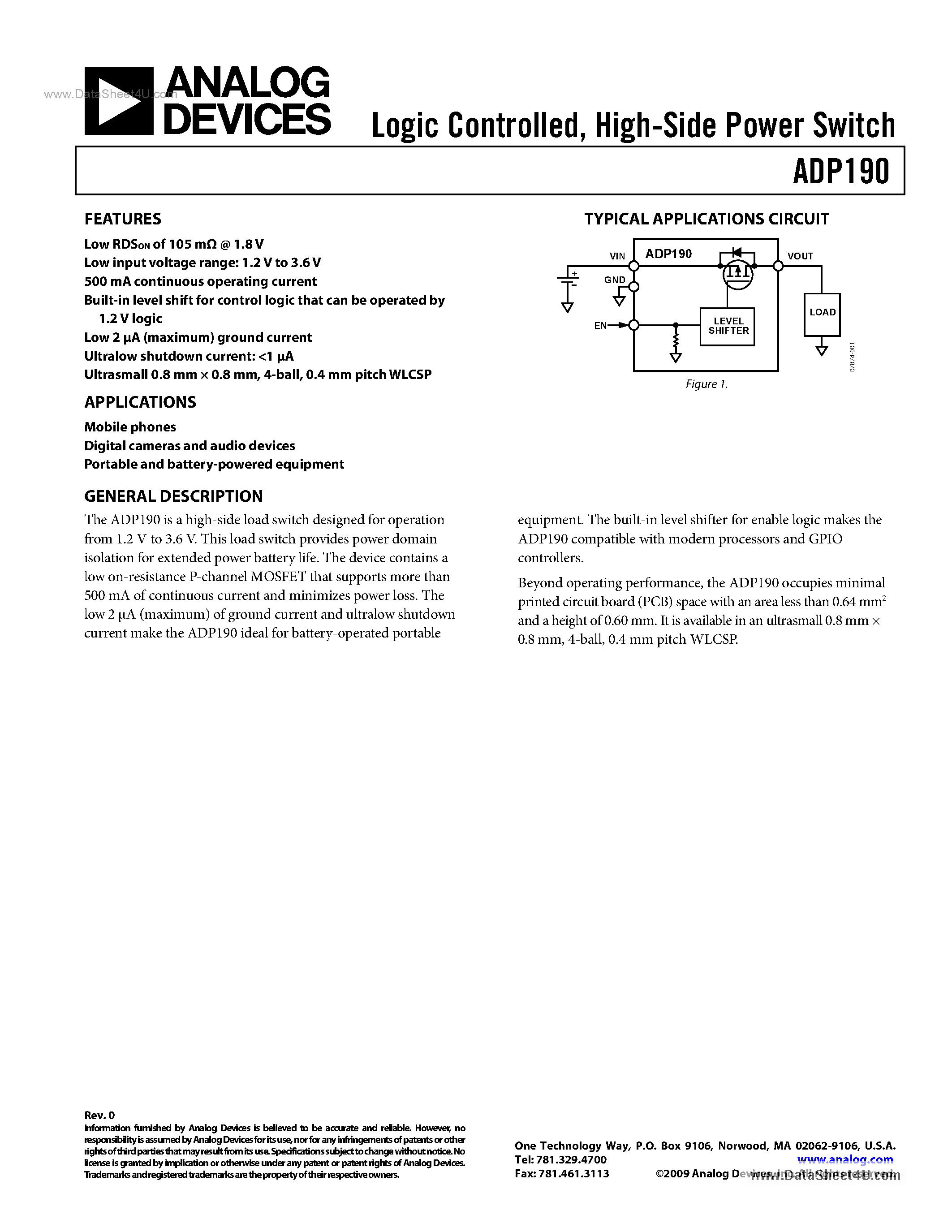 Даташит ADP190 - High-Side Power Switch страница 1