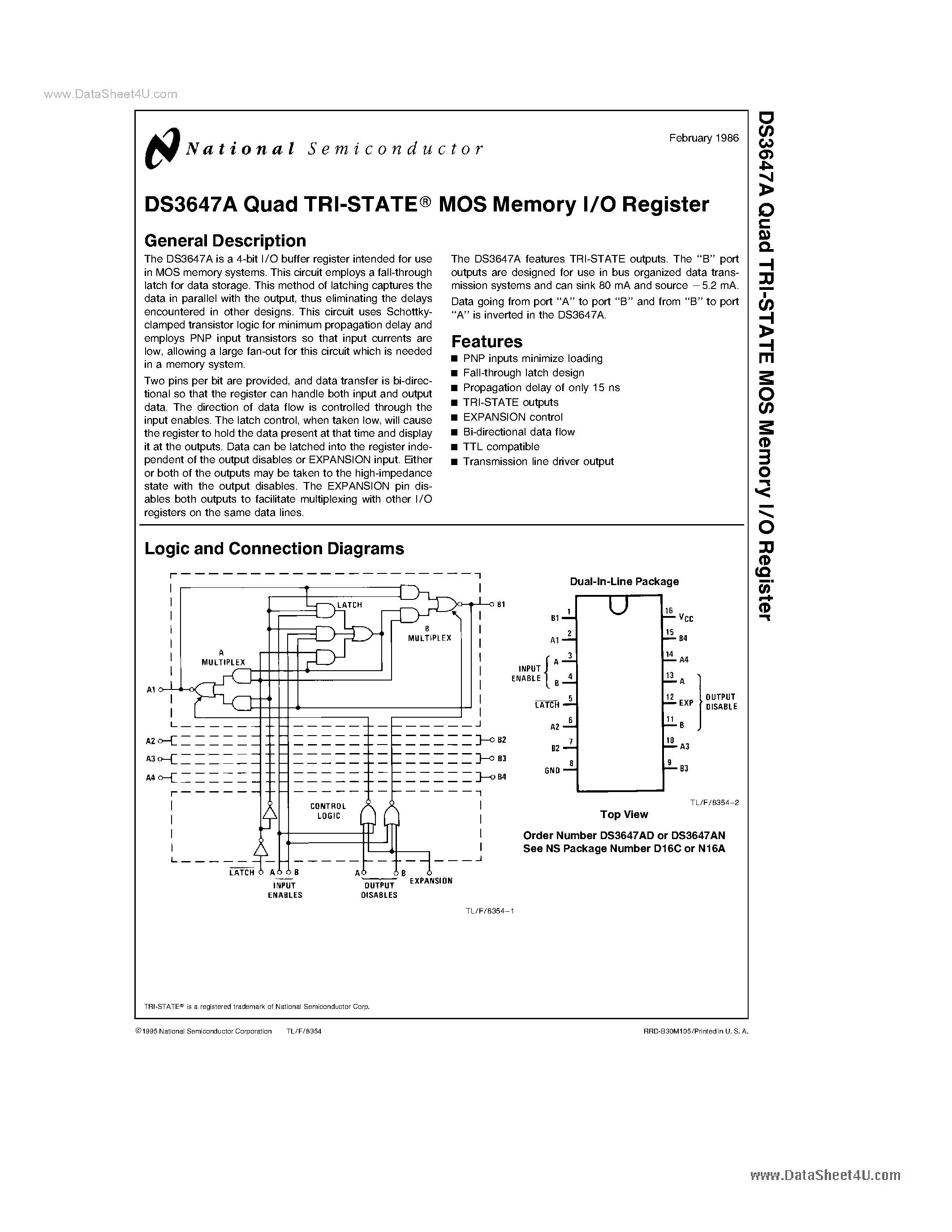 Даташит DS3647A - Quad Tri-state MOS Memory I/o Register страница 1