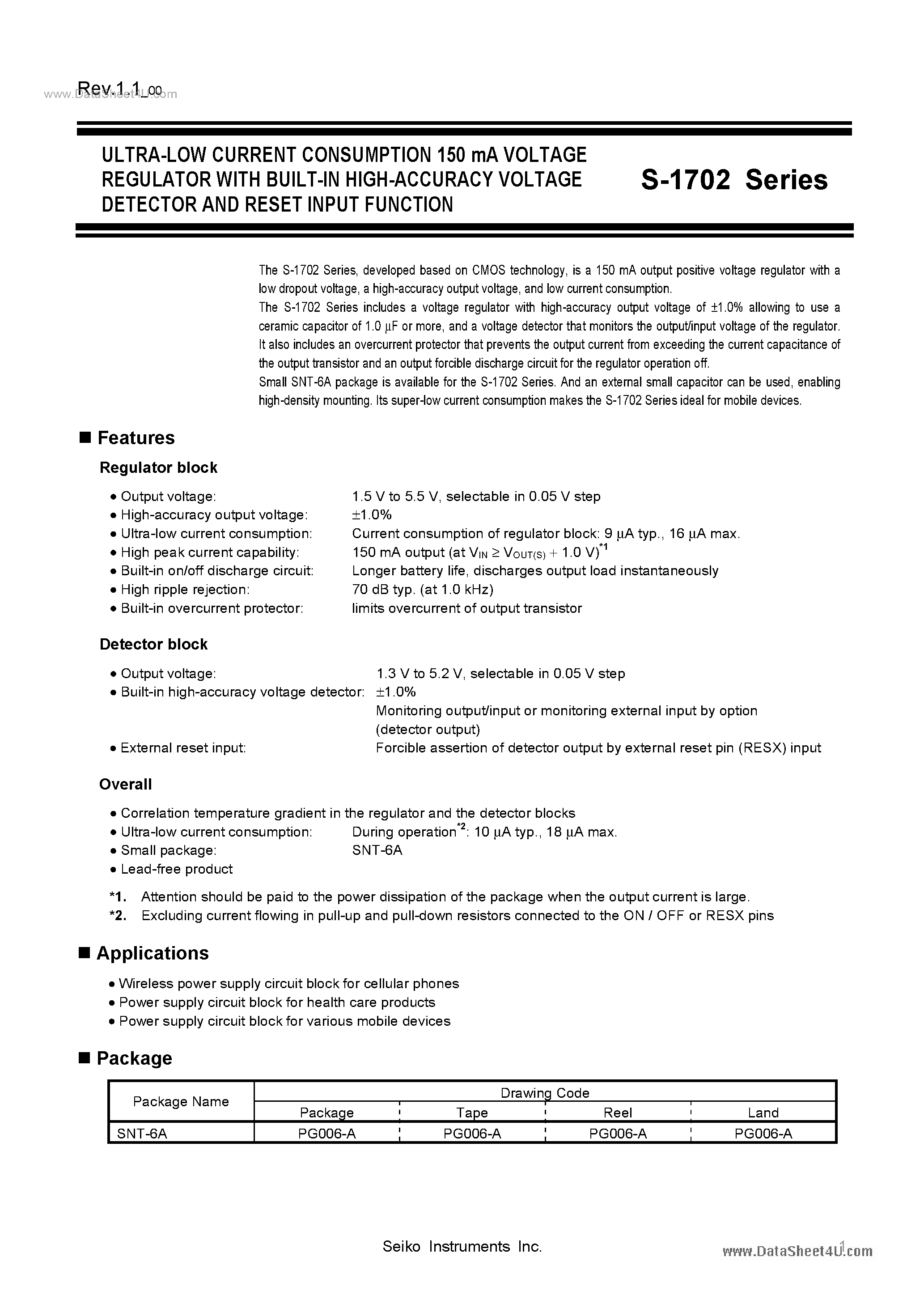 Datasheet S-1702 - Voltage Regulator page 1