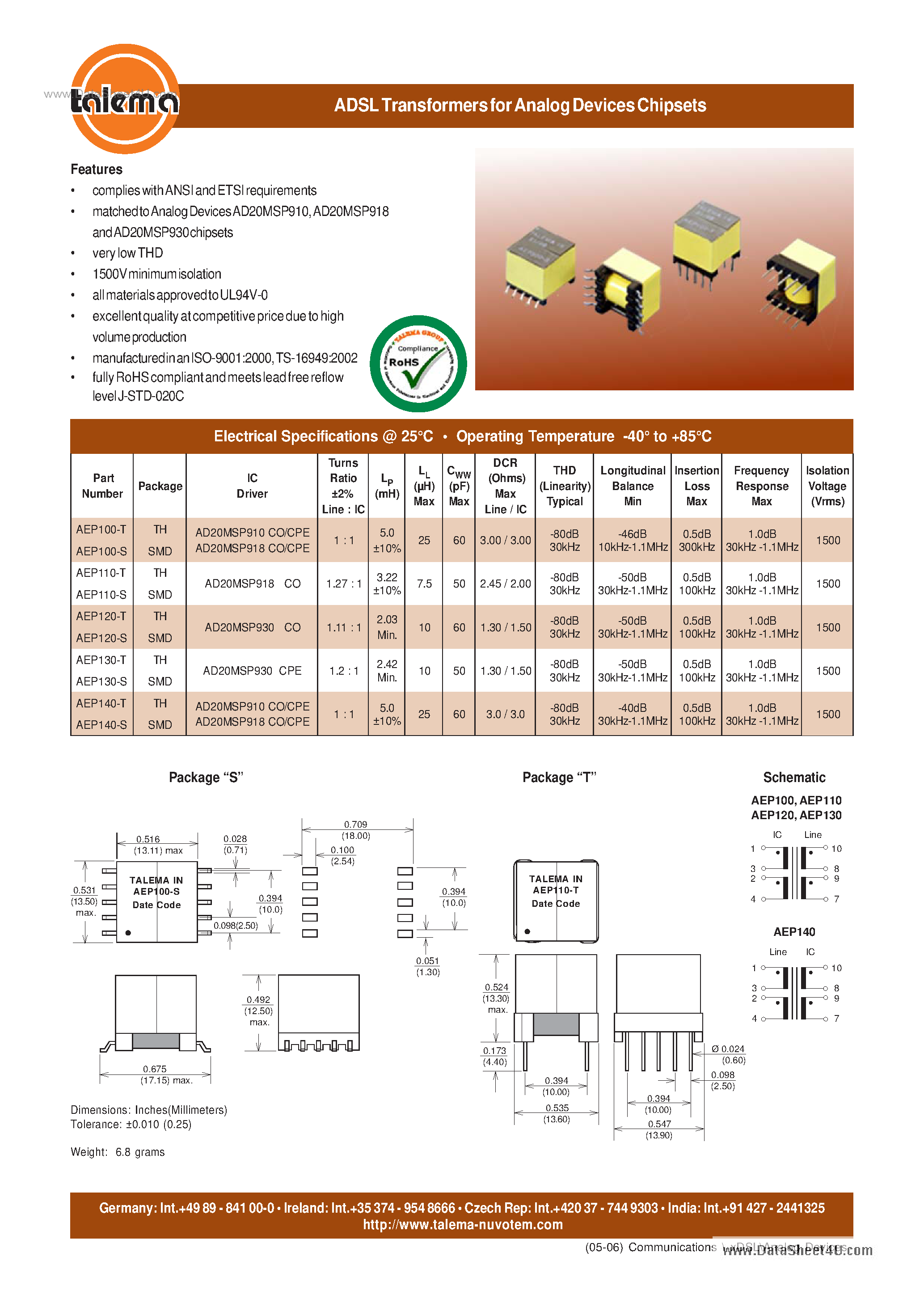 Даташит AEP100-S - ADSL Transformers страница 1