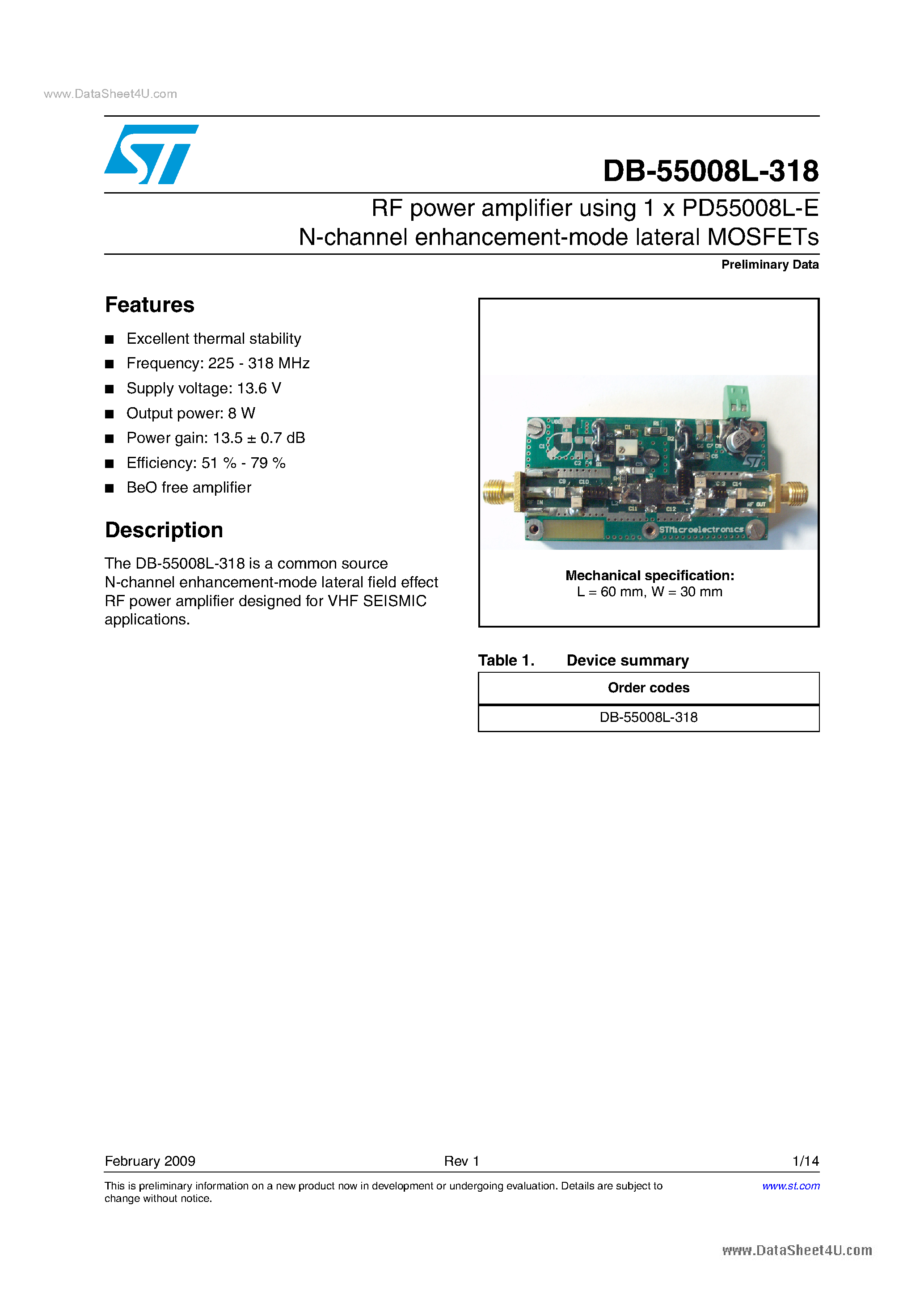 Datasheet DB-55008L-318 - RF power amplifier using 1 x PD55008L-E N-channel enhancement-mode lateral MOSFETs page 1