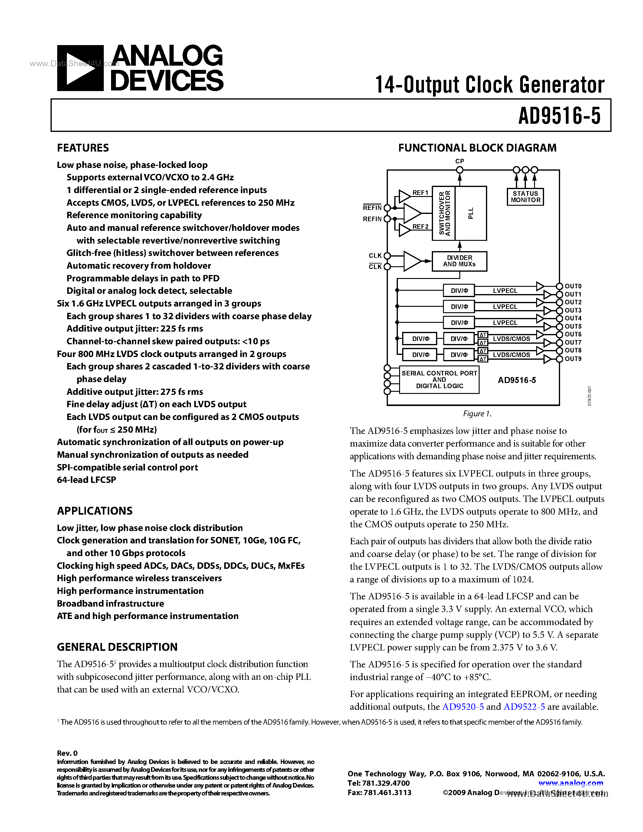 Datasheet AD9516-5 - 14-Output Clock Generator page 1