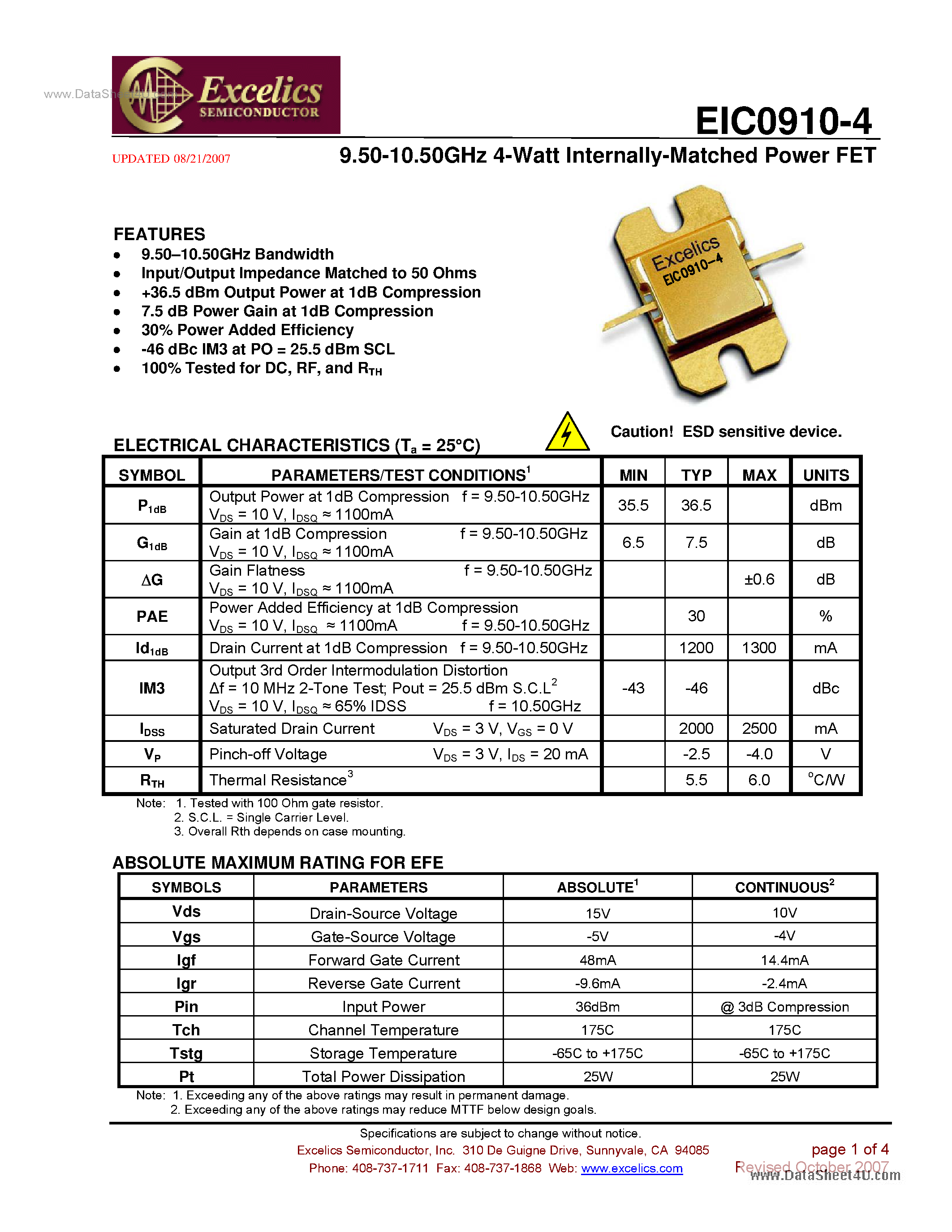 Даташит EIC0910-4 - Internally Matched Power FET страница 1