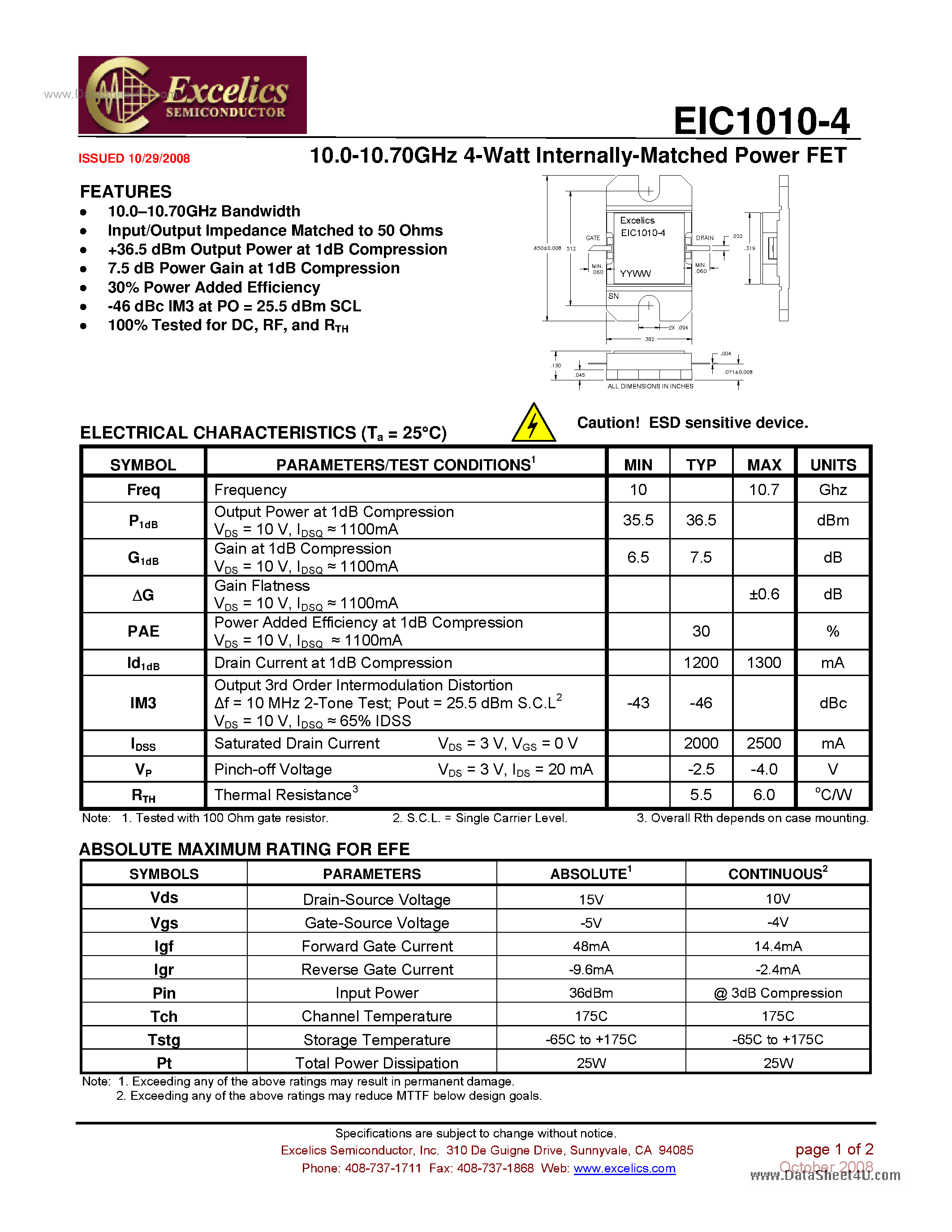 Даташит EIC1010-4 - Internally Matched Power FET страница 1