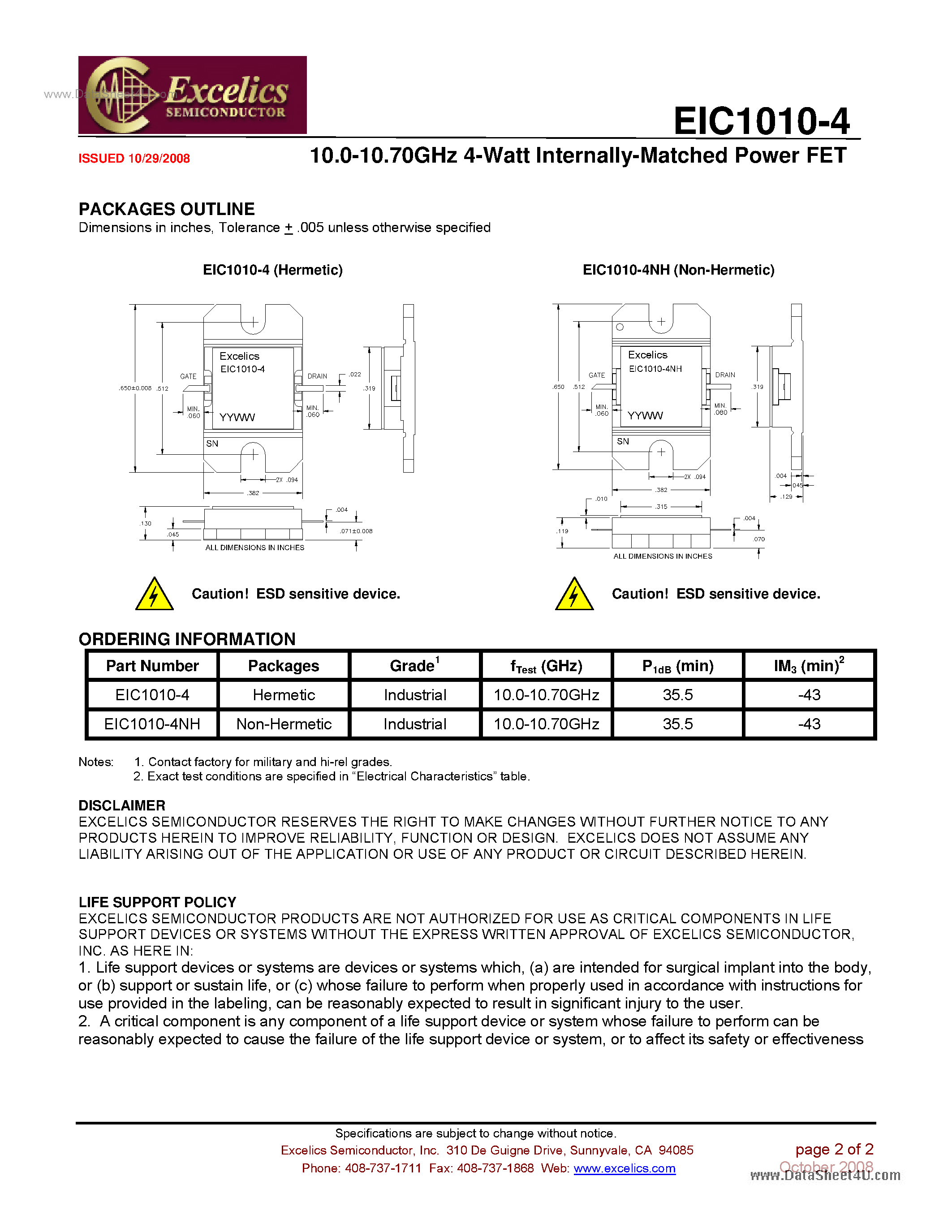 Даташит EIC1010-4 - Internally Matched Power FET страница 2