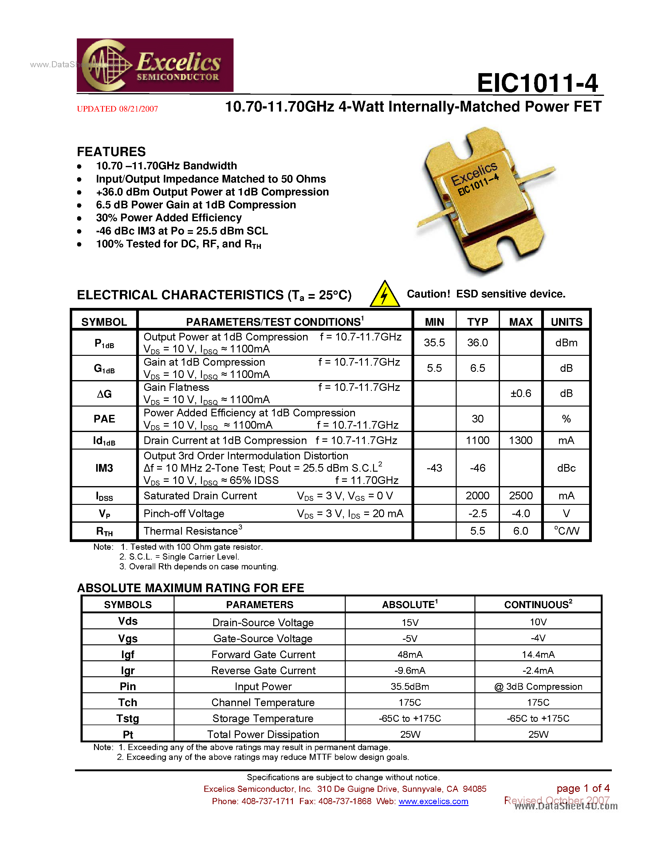 Даташит EIC1011-4 - Internally Matched Power FET страница 1