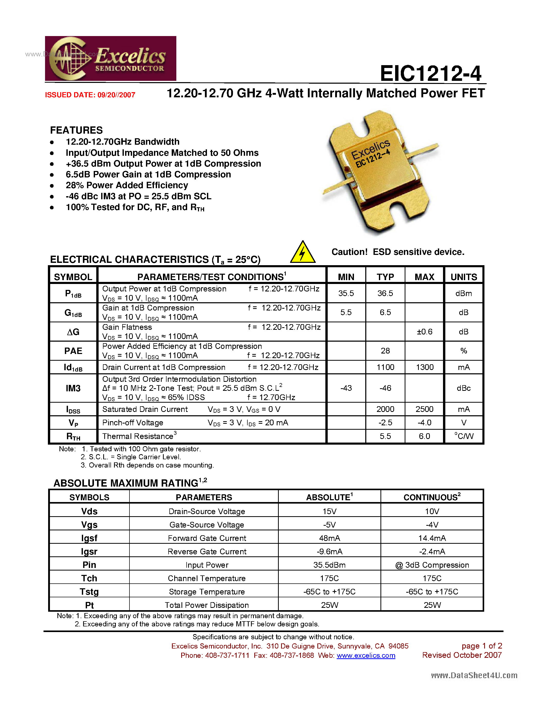 Даташит EIC1212-4 - Internally Matched Power FET страница 1