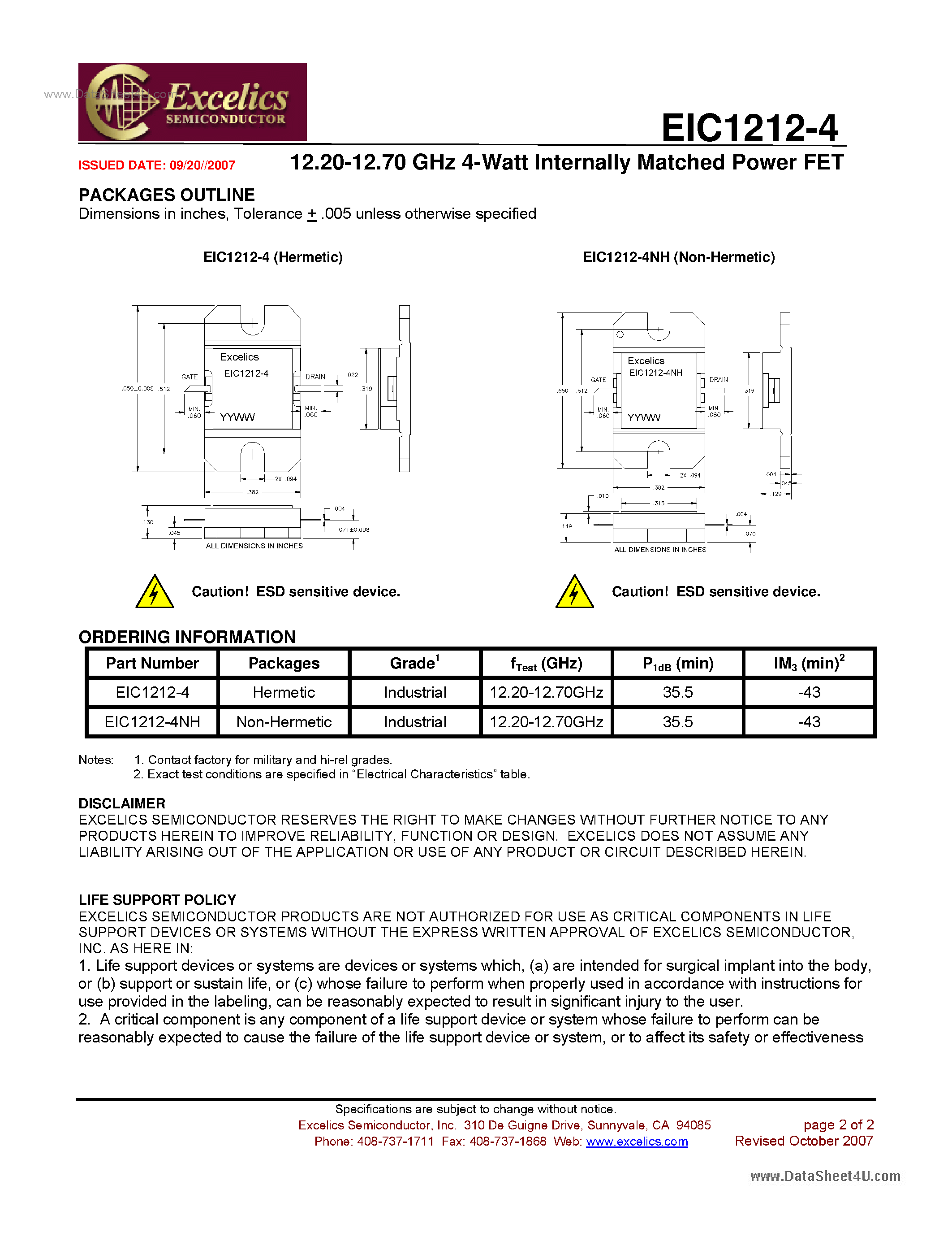 Даташит EIC1212-4 - Internally Matched Power FET страница 2