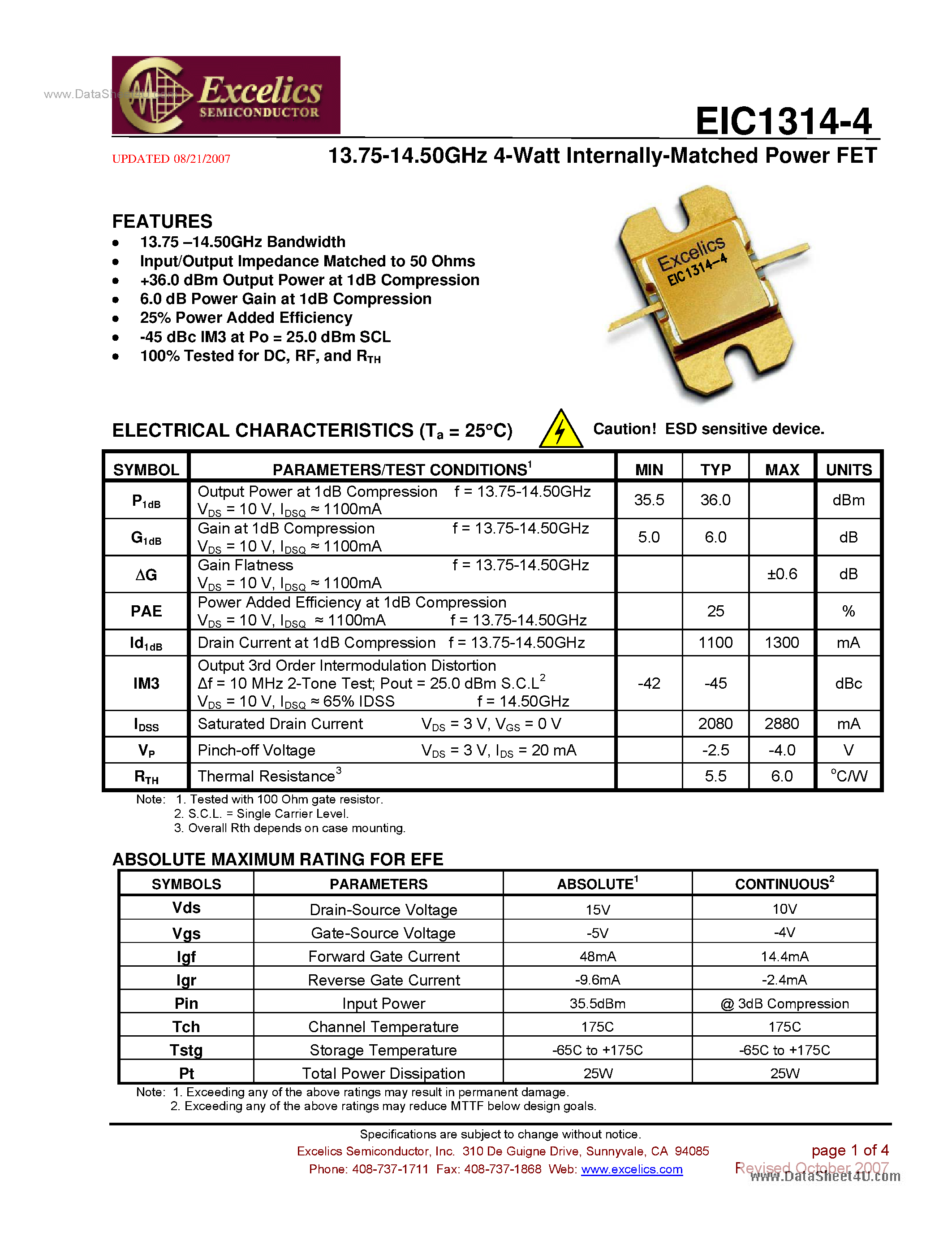 Даташит EIC1314-4 - Internally Matched Power FET страница 1