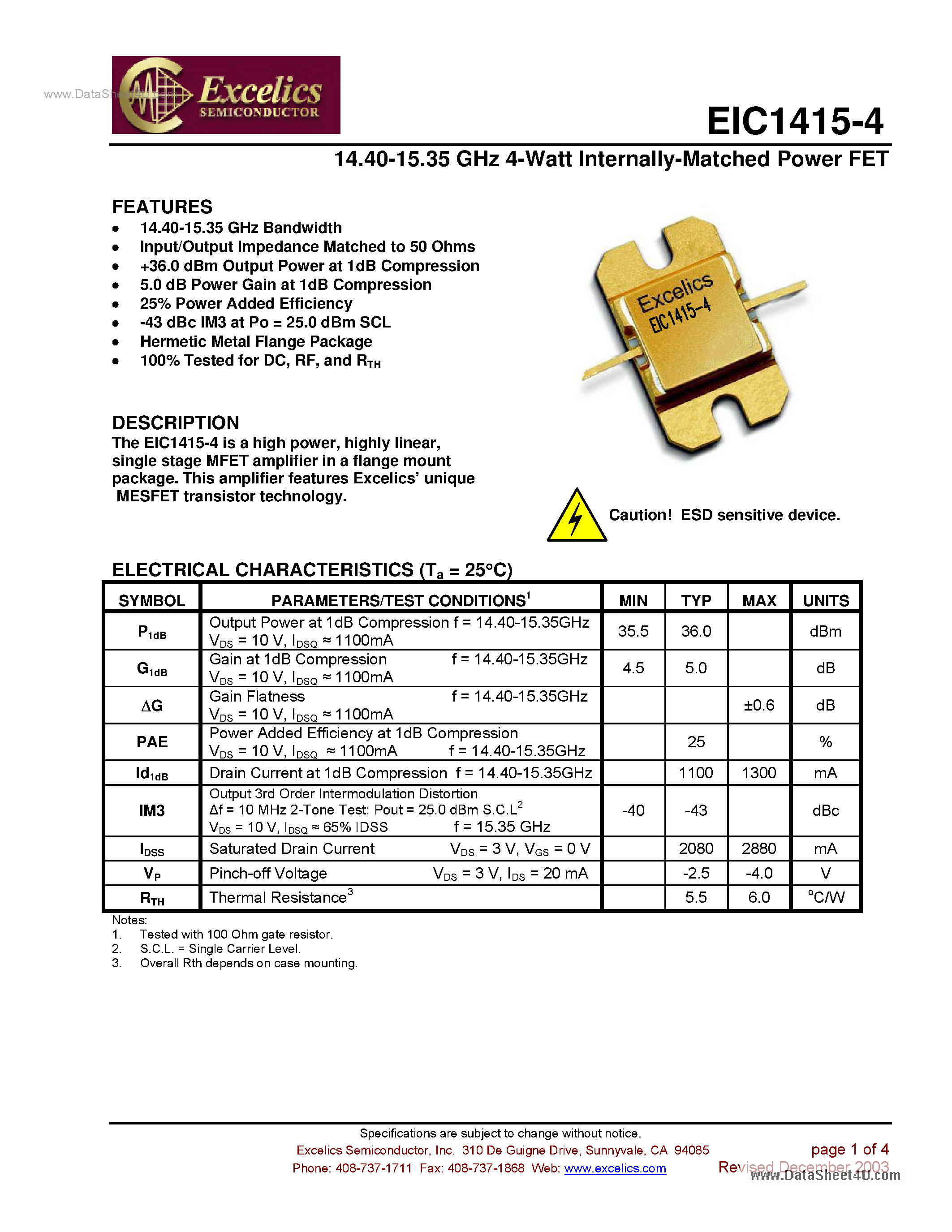 Даташит EIC1415-4 - Internally Matched Power FET страница 1