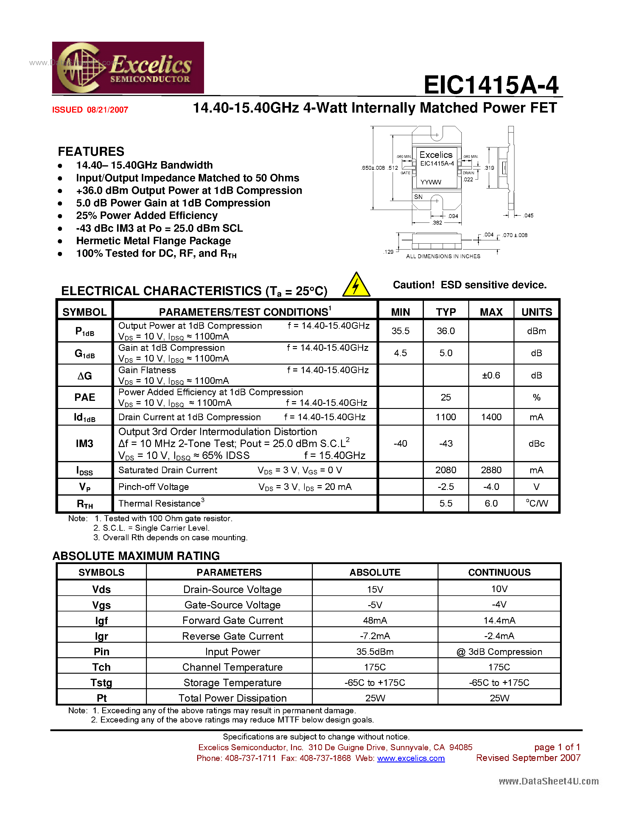 Даташит EIC1415A-4 - Internally Matched Power FET страница 1