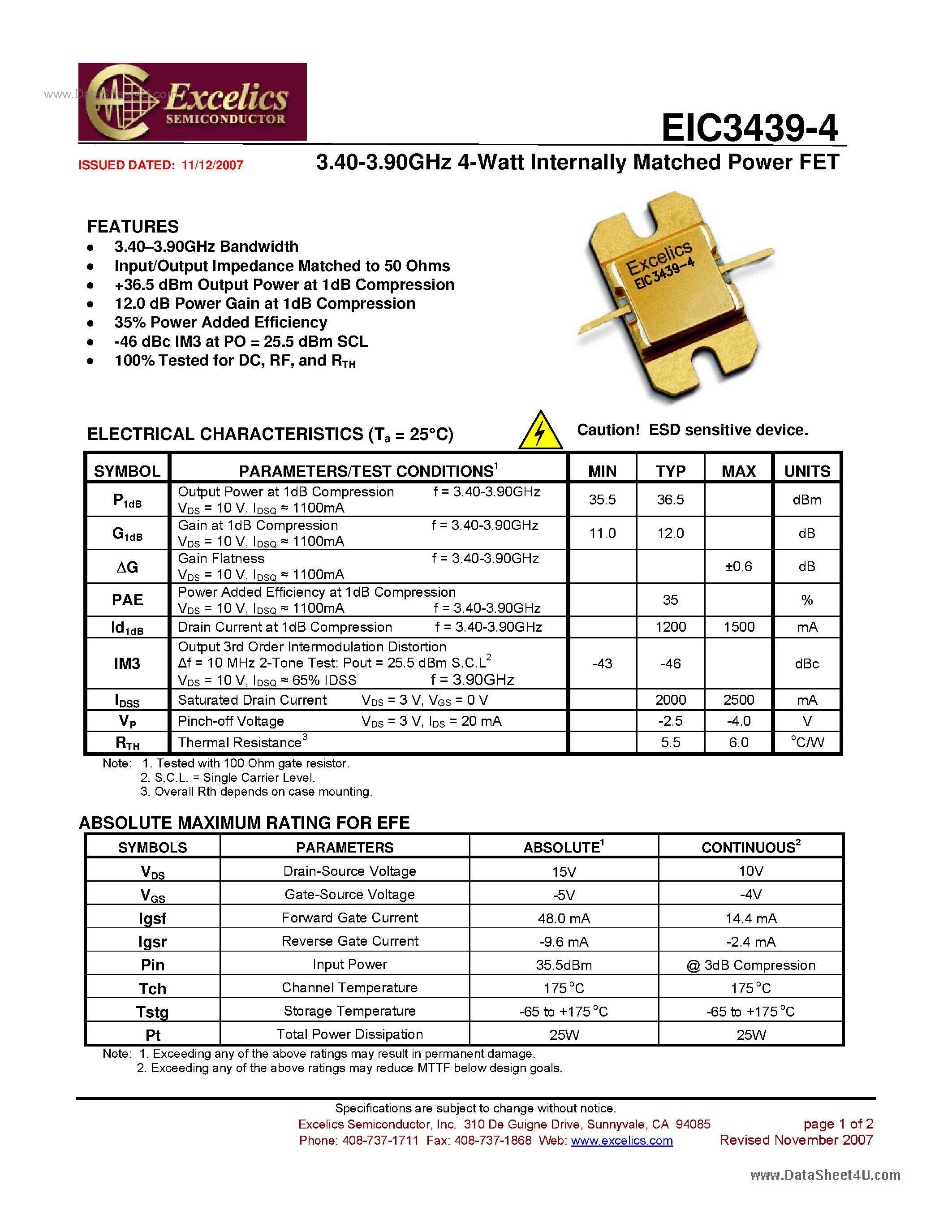 Даташит EIC3439-4 - Internally Matched Power FET страница 1