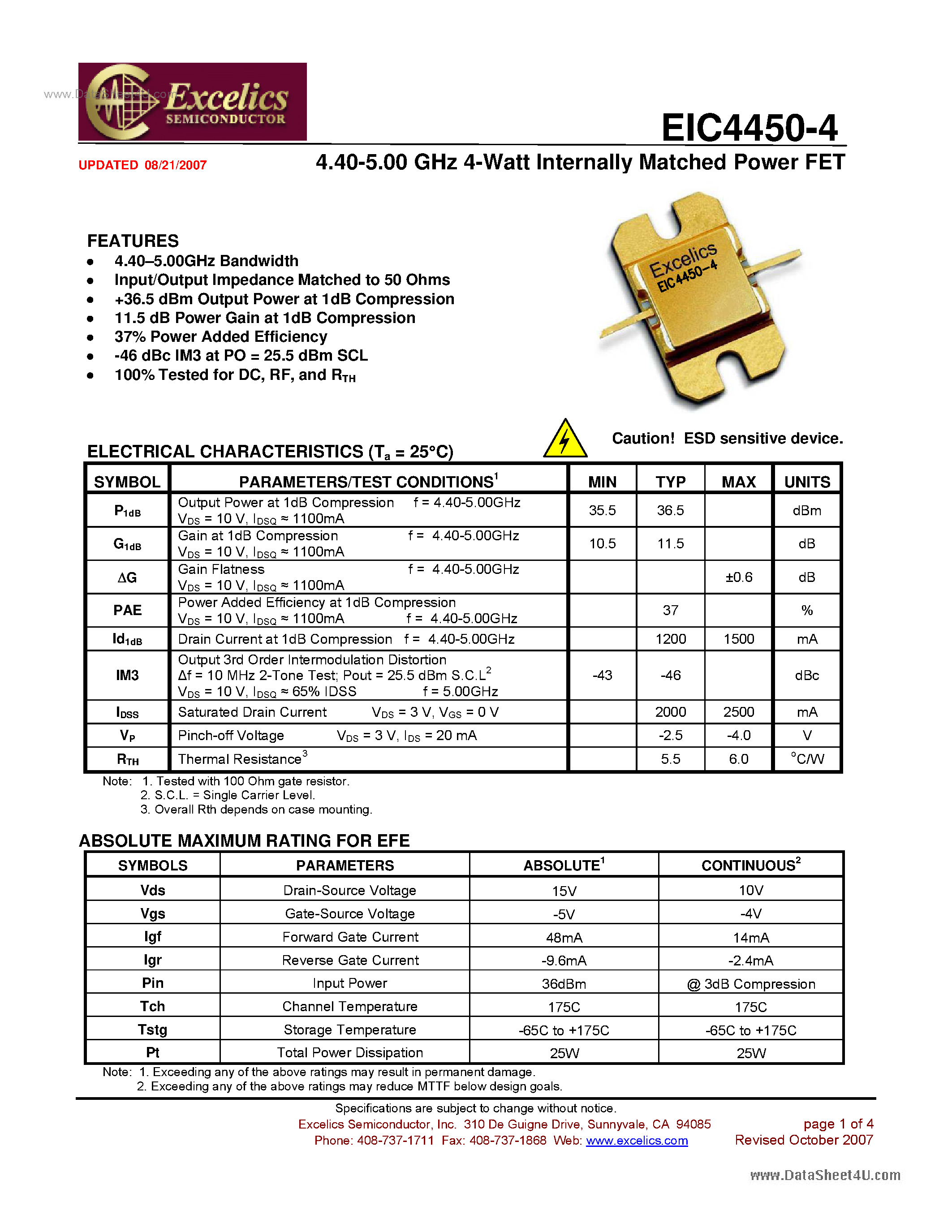 Даташит EIC4450-4 - Internally Matched Power FET страница 1