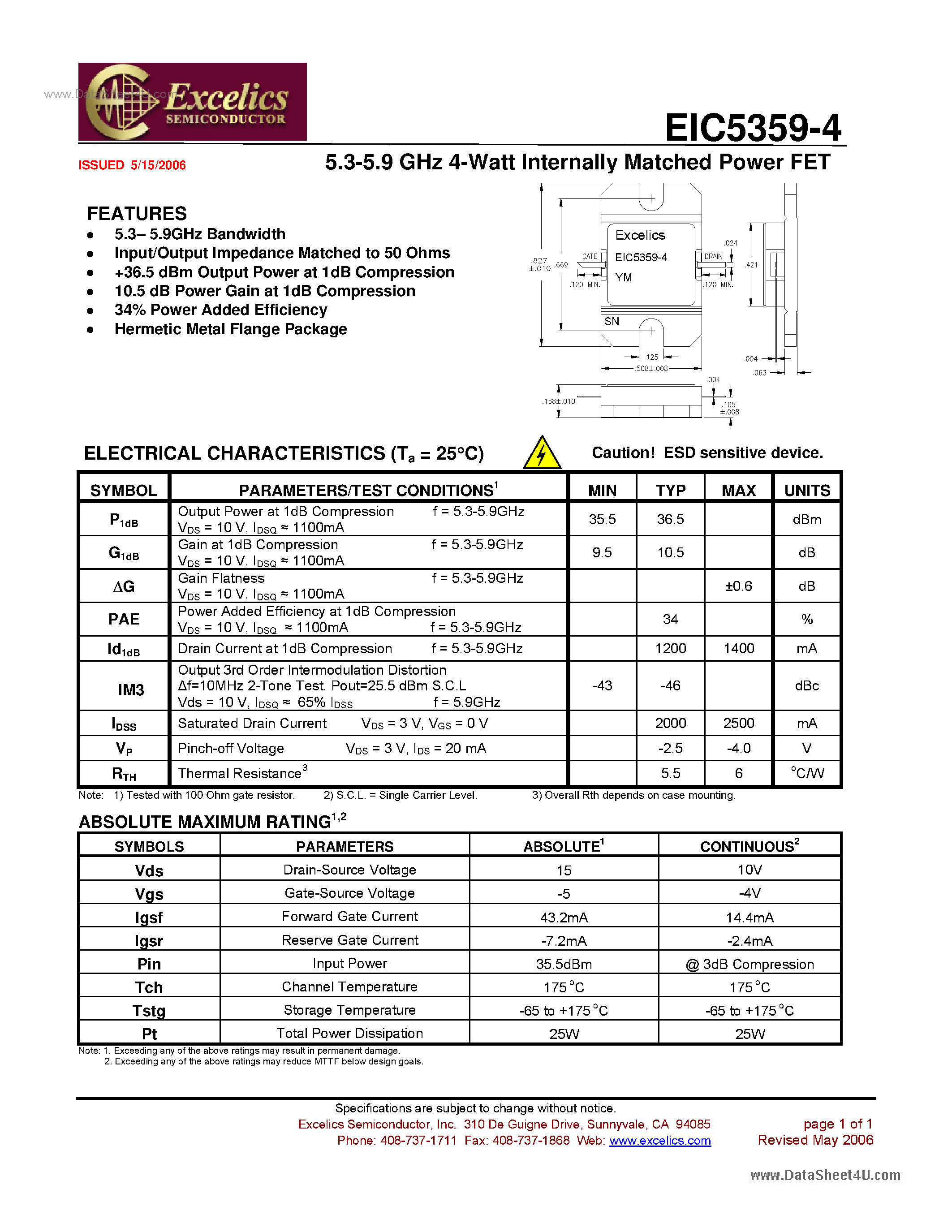 Даташит EIC5359-4 - Internally Matched Power FET страница 1