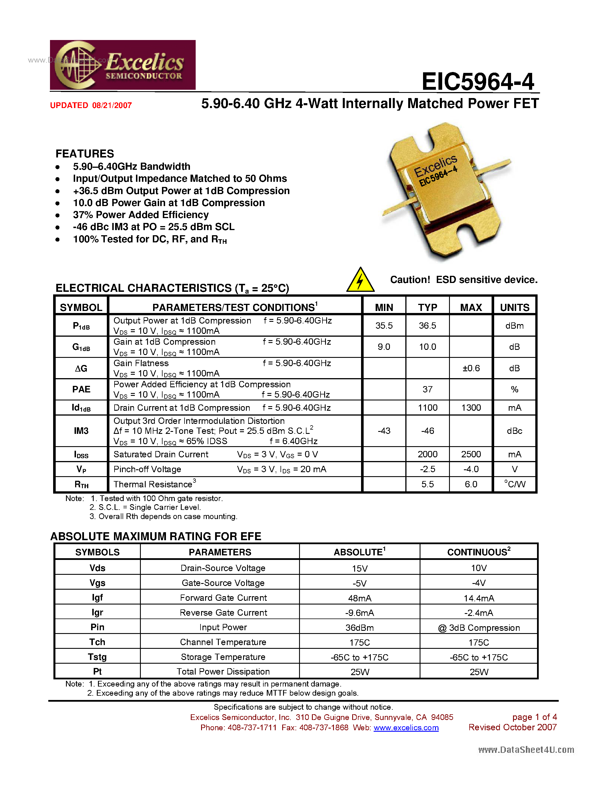 Даташит EIC5964-4 - Internally Matched Power FET страница 1