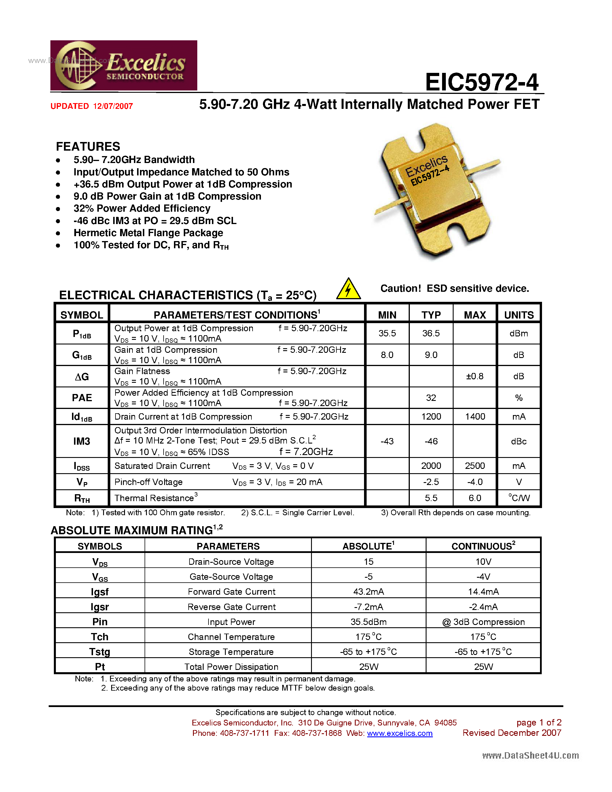 Даташит EIC5972-4 - Internally Matched Power FET страница 1