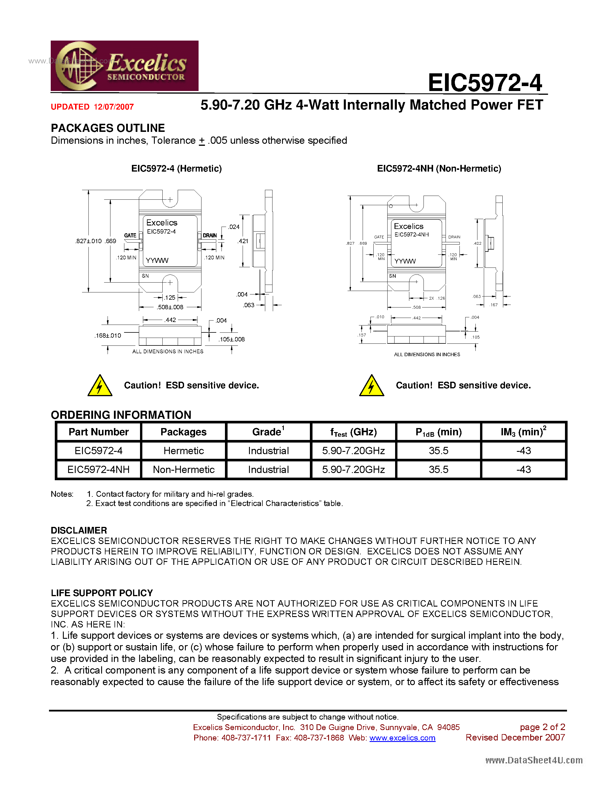 Даташит EIC5972-4 - Internally Matched Power FET страница 2